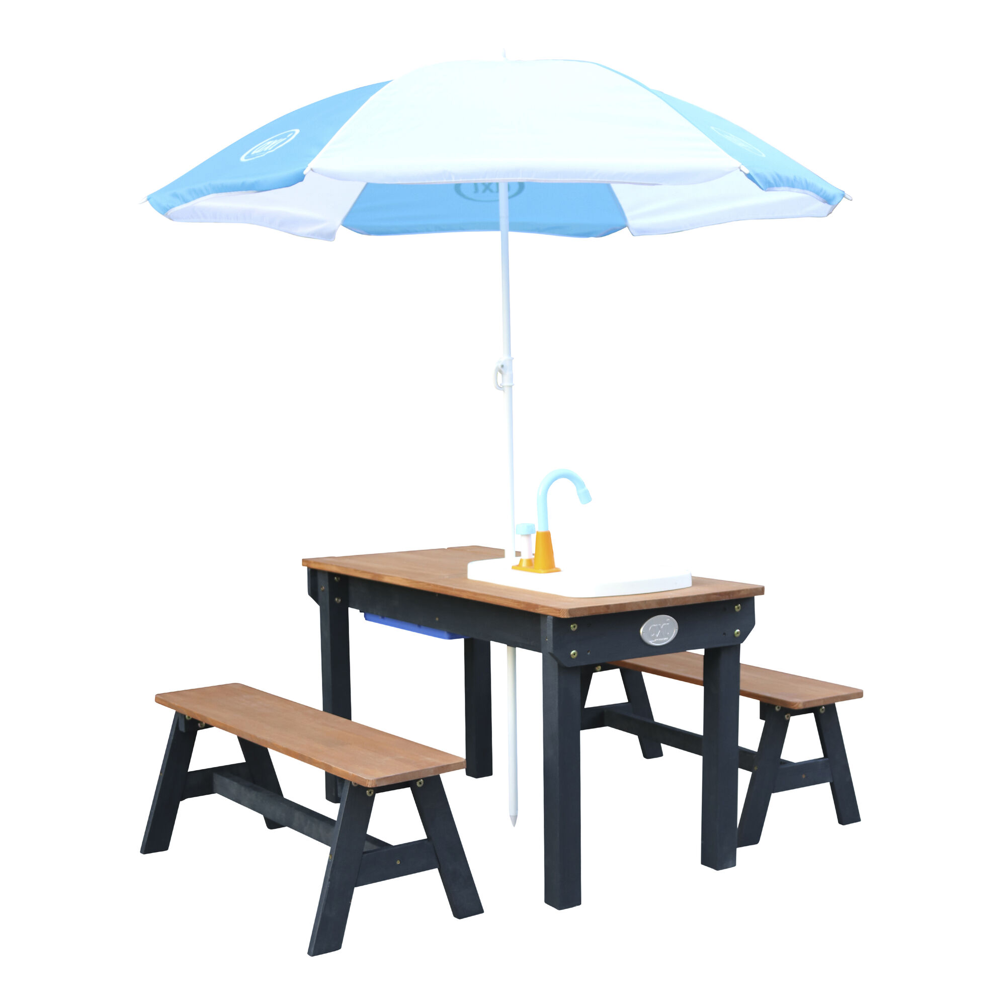 productfoto AXI Dennis Zand & Water Picknicktafel met Speelkeuken wastafel en losse bankjes Antraciet/bruin - Parasol Blauw/wit