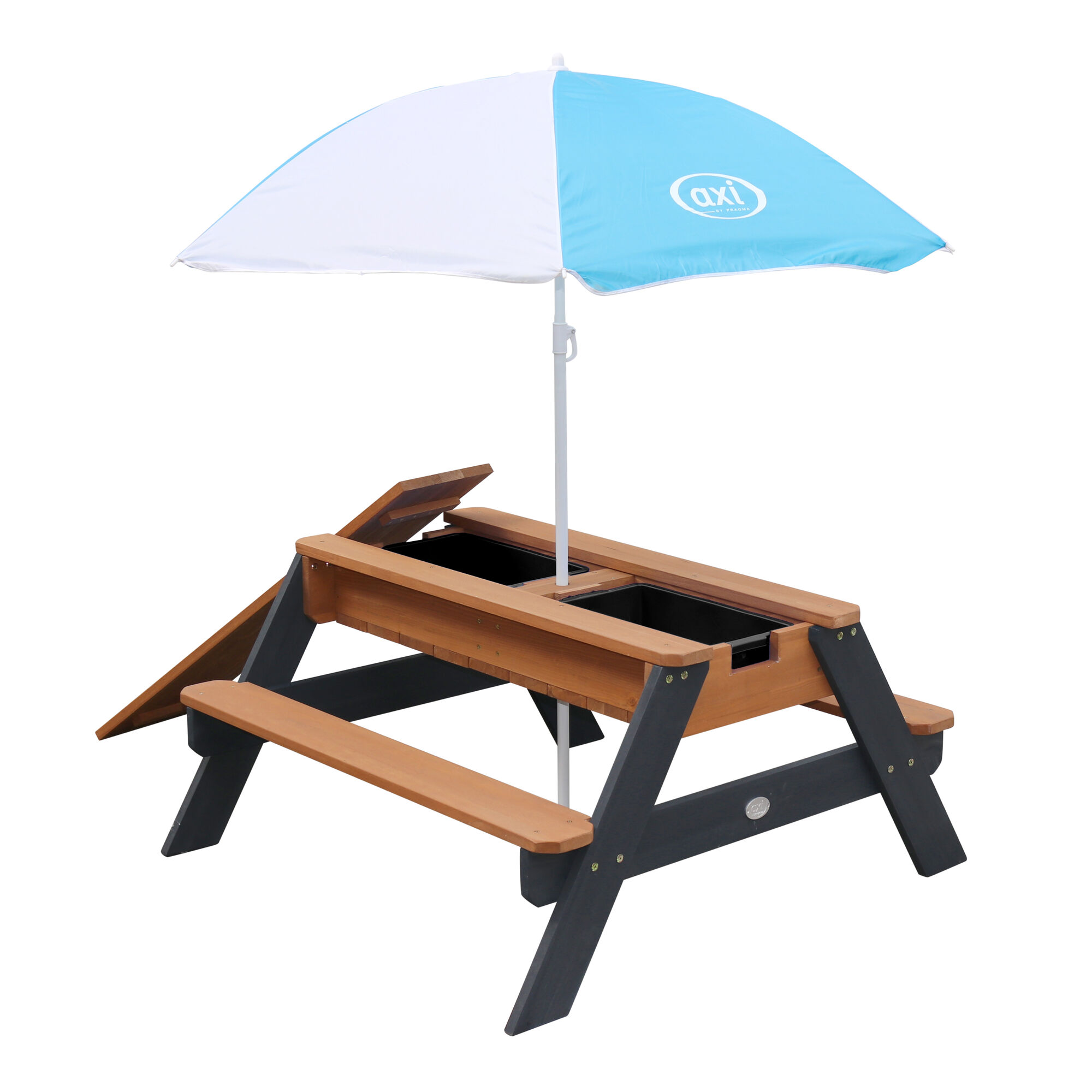 productfoto AXI Nick Zand & Water Picknicktafel Antraciet/bruin - Parasol Blauw/wit