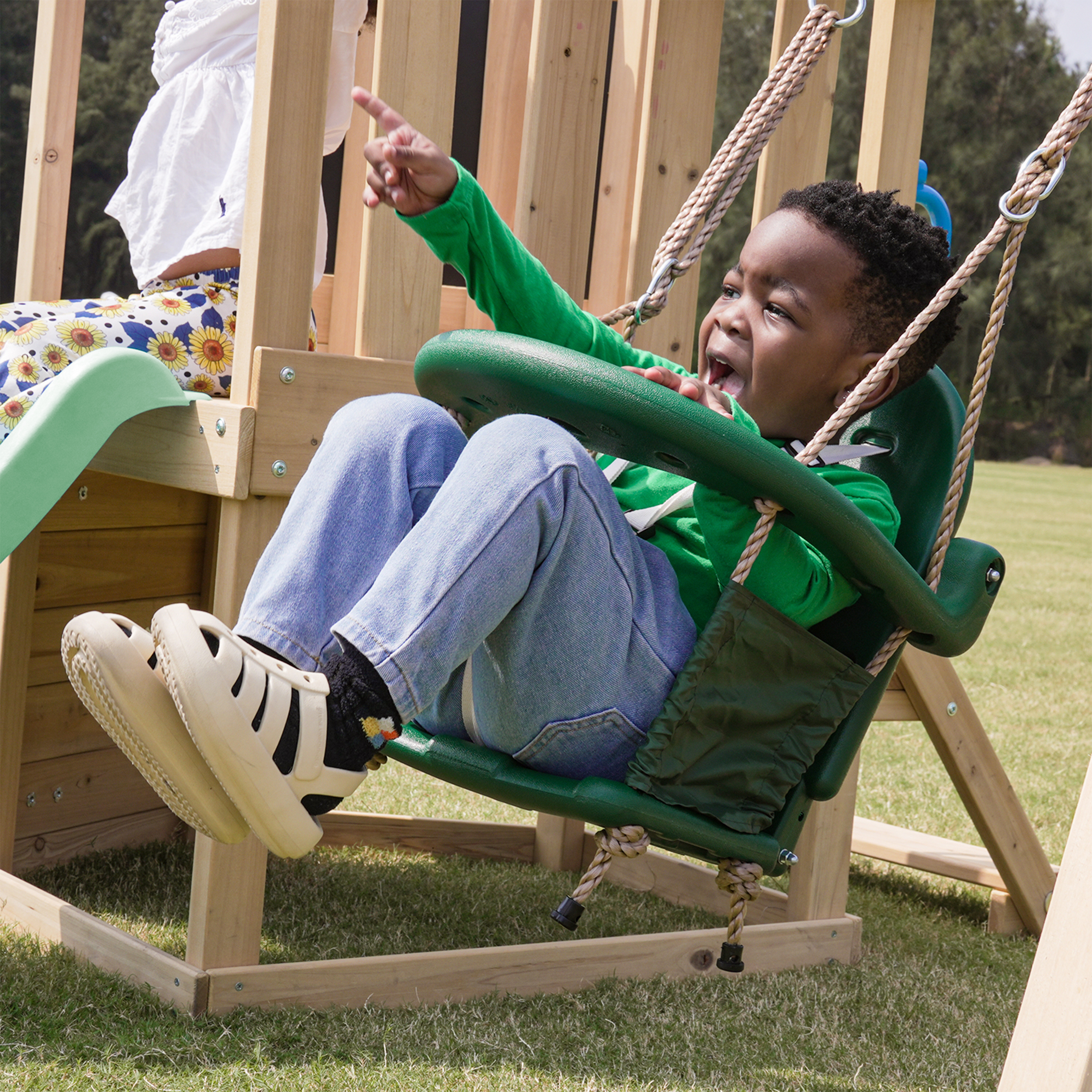 AXI Timo Mini Climbing Frame with Baby Swing. Climbing Wall and Chalkboard – Pastel Green Slide