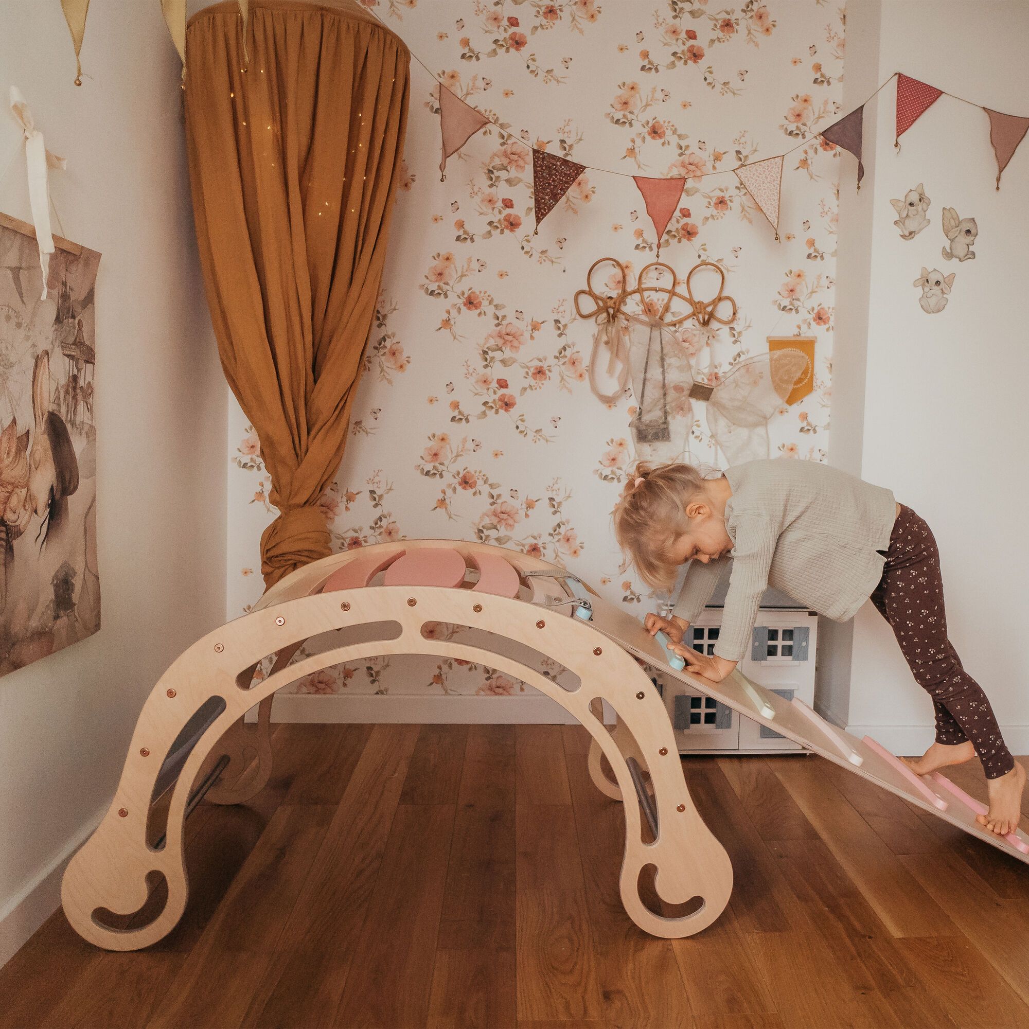 Wooden XXL Climbing Wall with Slide Pastel