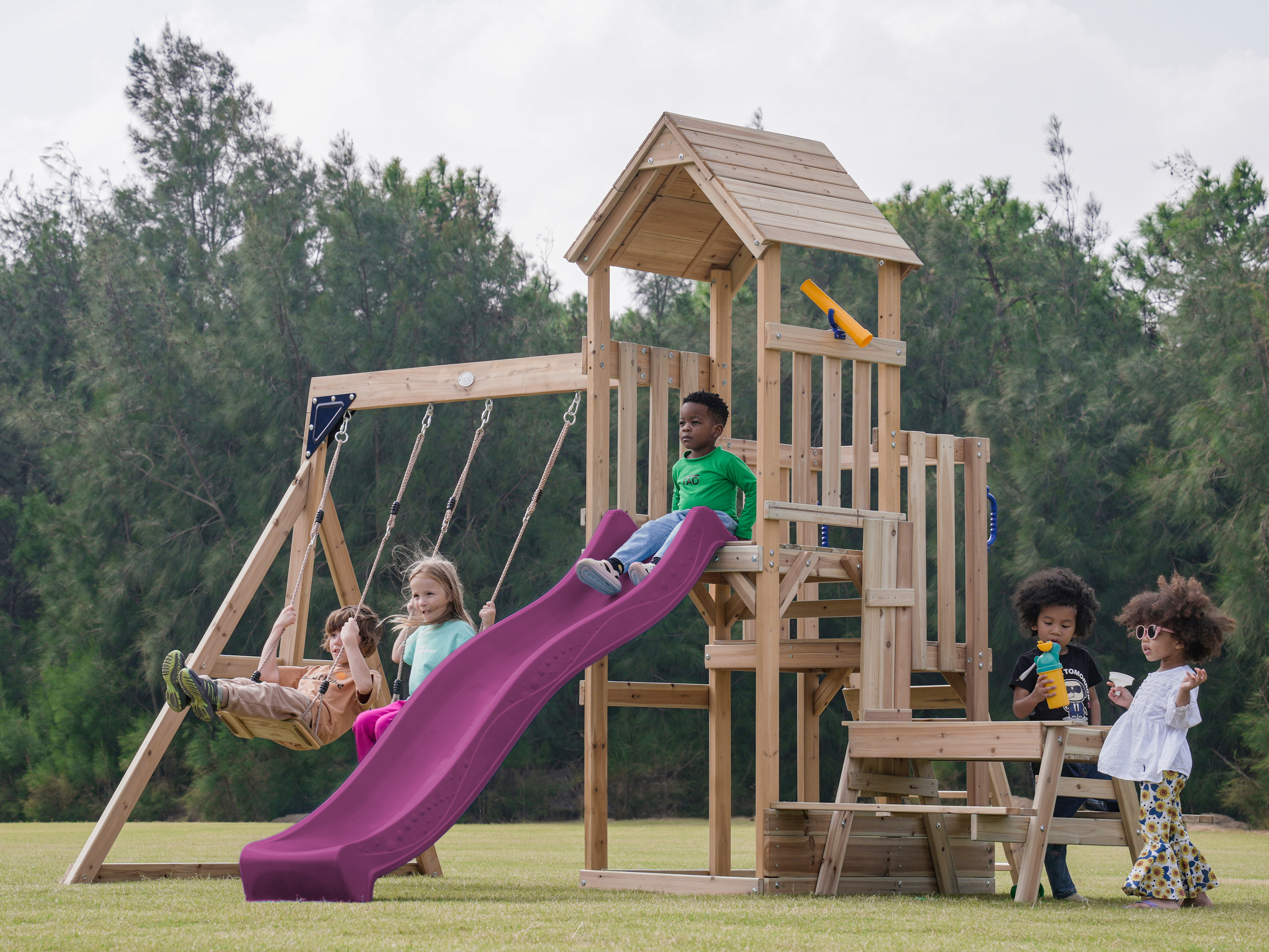 AXI Mette Climbing Frame with Double Swing Set and Picnic Table - Purple Slide