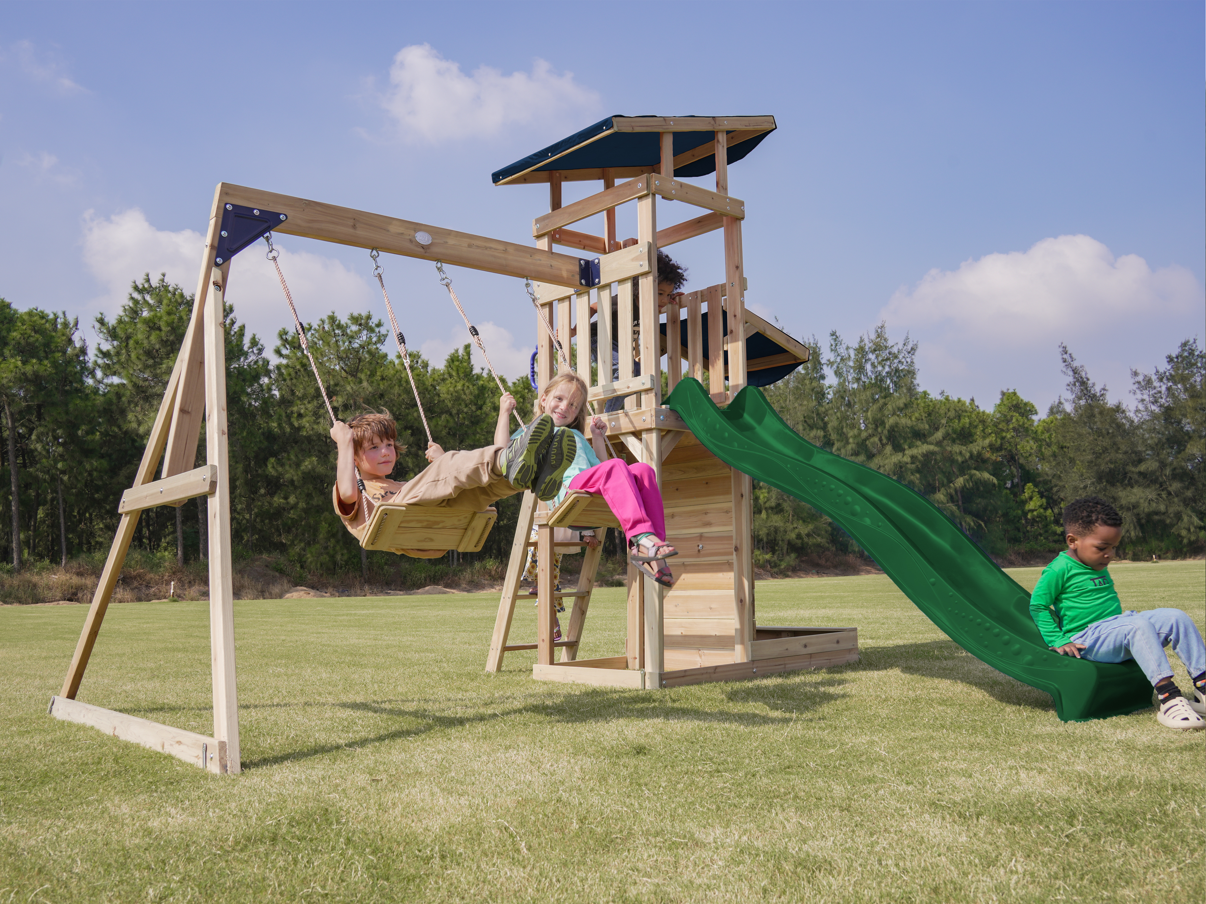 AXI Malik Climbing Frame with Double Swing Set - Green Slide