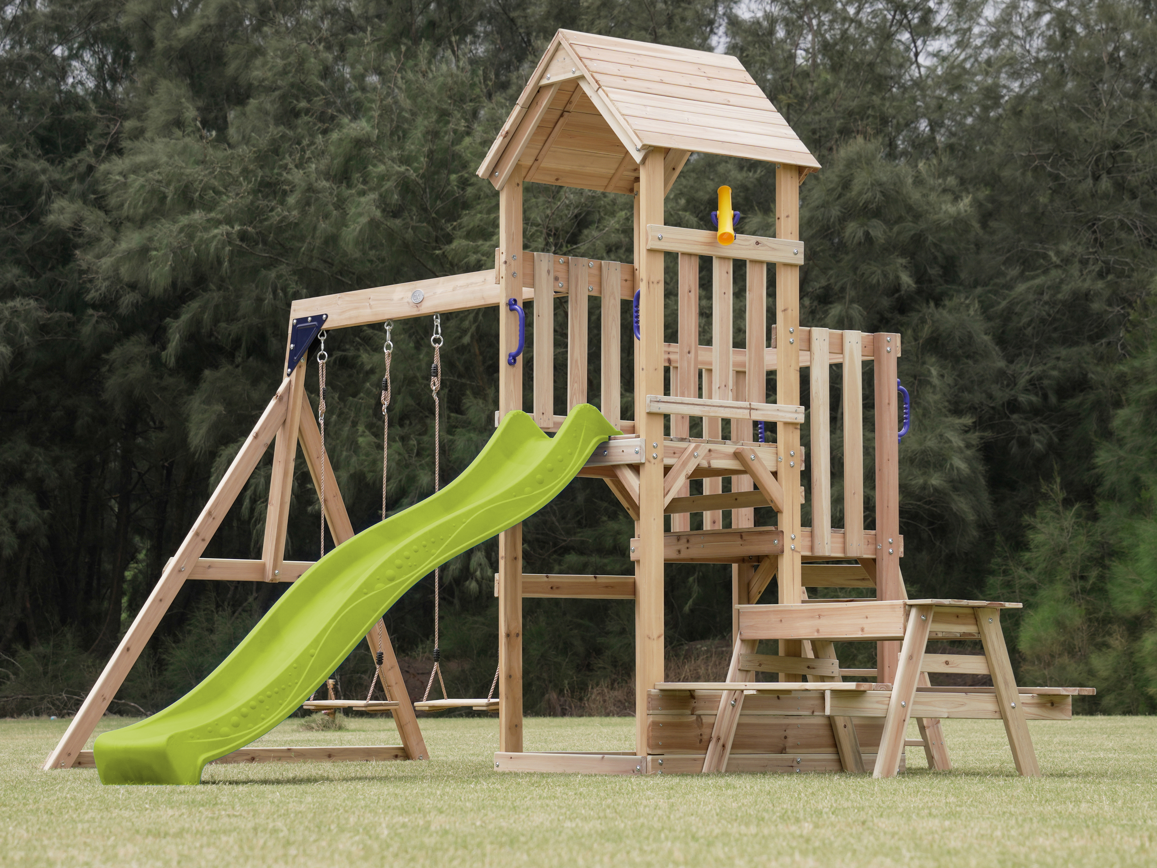 AXI Mette Climbing Frame with Double Swing Set and Picnic Table - Lime Green Slide