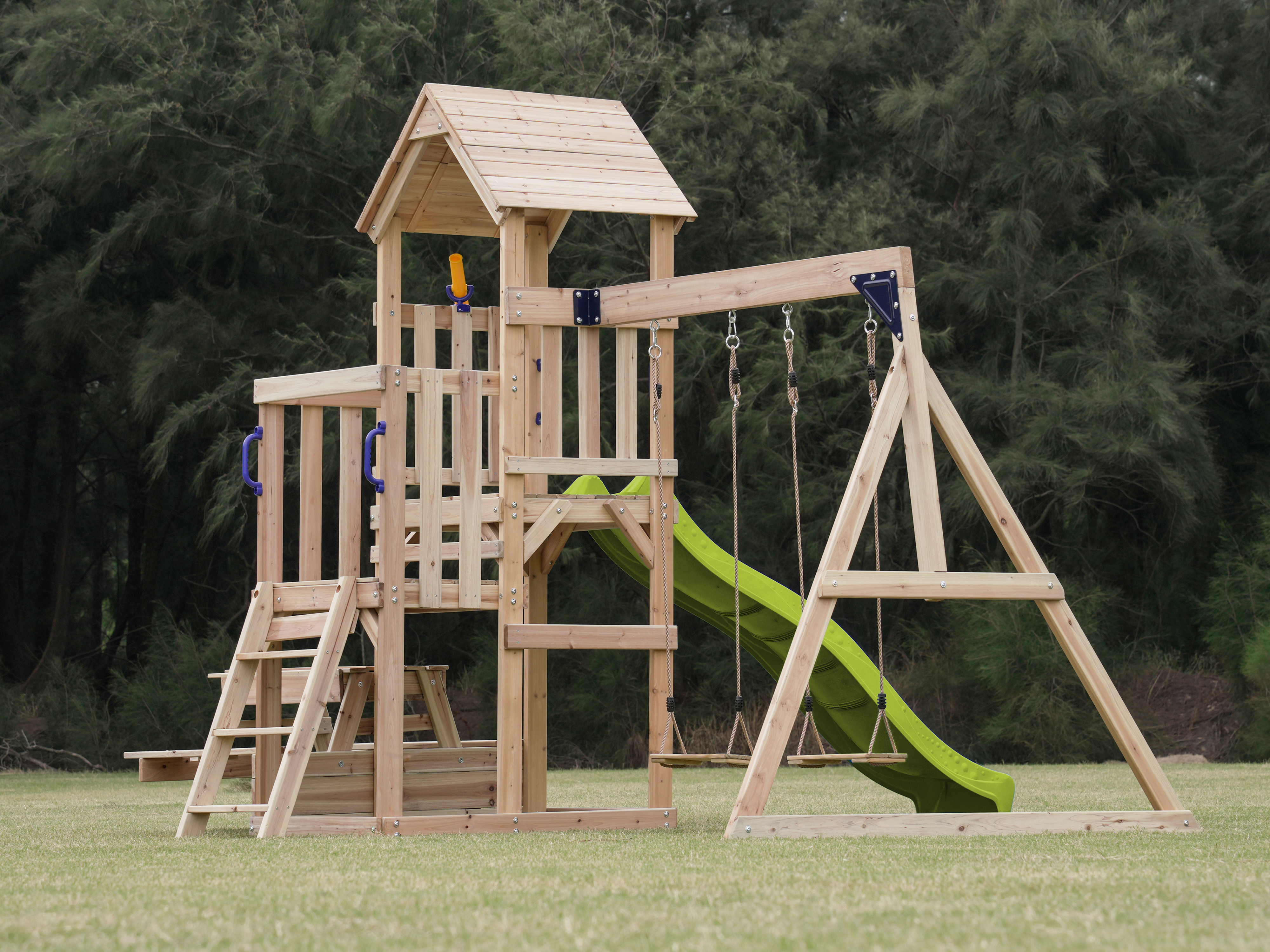 AXI Mette Climbing Frame with Double Swing Set and Picnic Table - Lime Green Slide