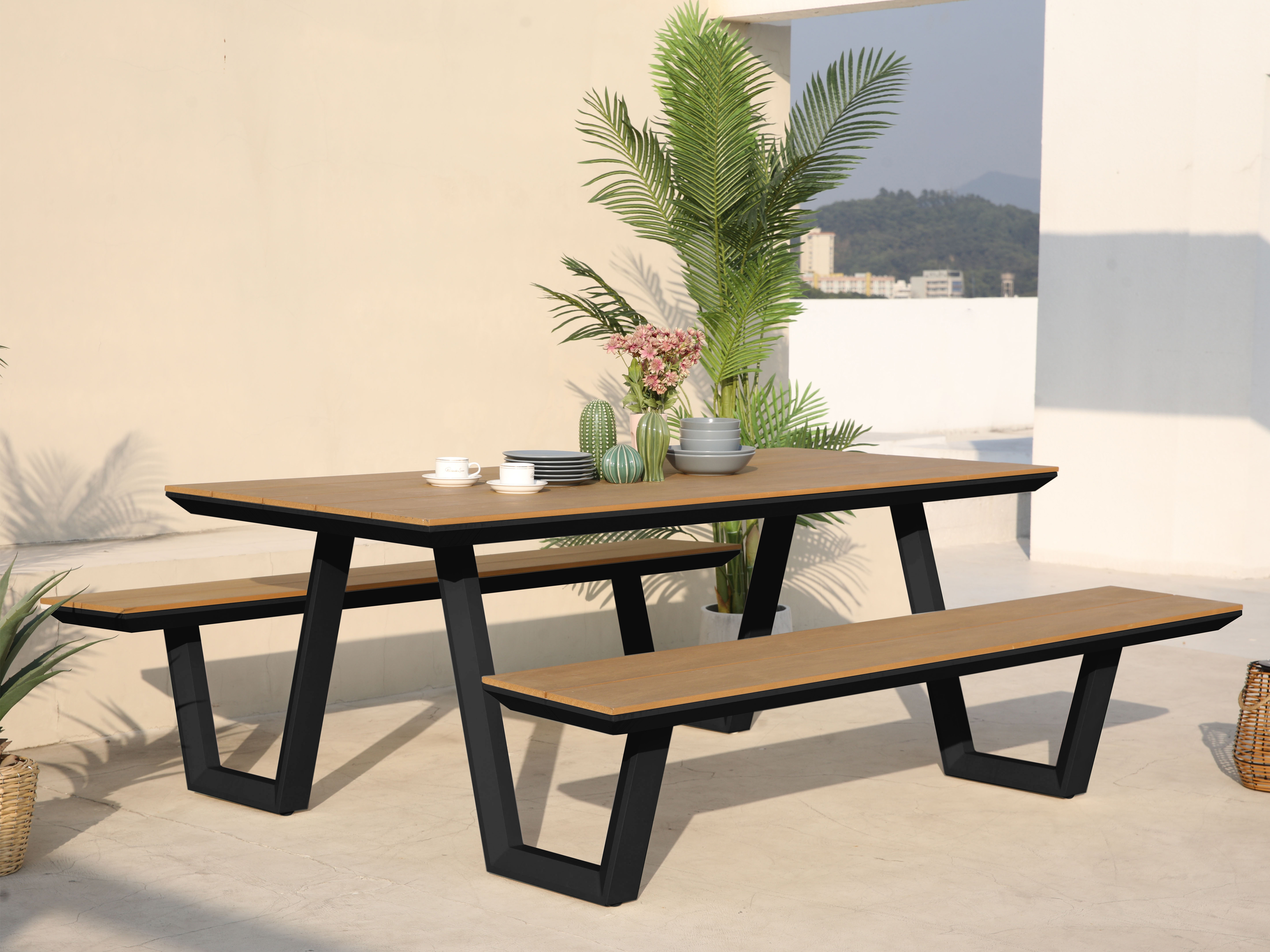 AXI Nori Picnic Table with 2 benches - Anthracite/Teak-look Polywood