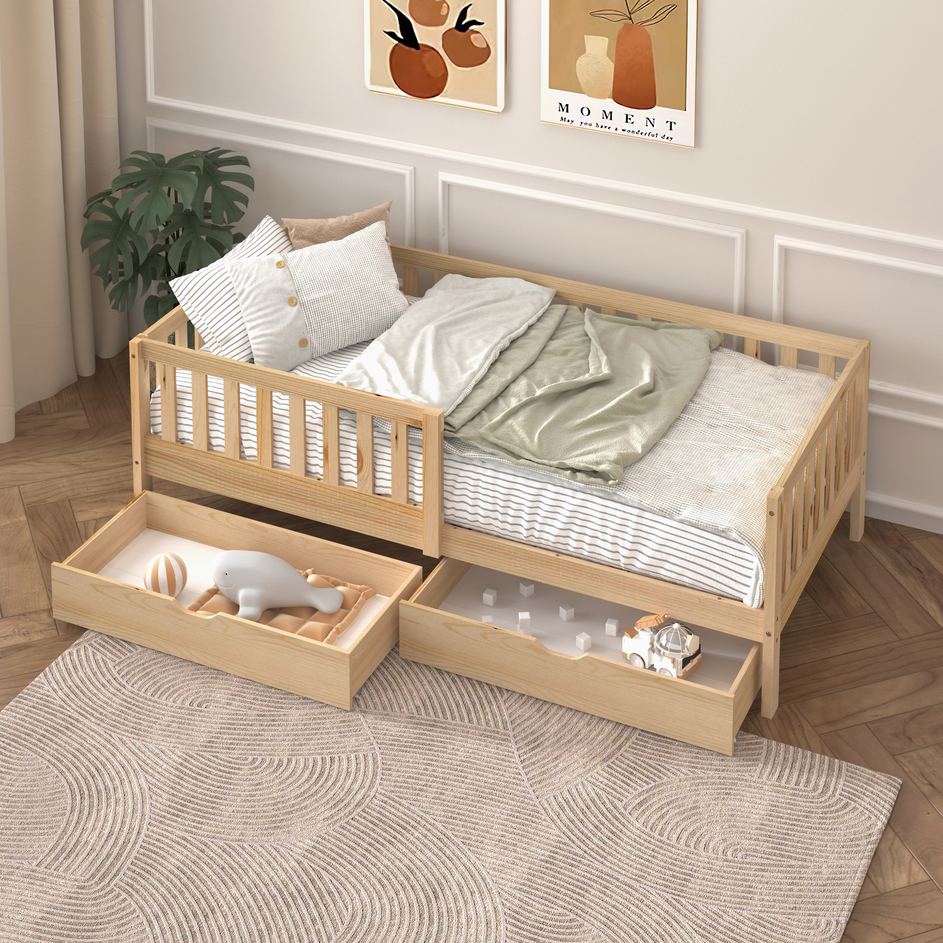 Sunny Isa Kids Bed with 2 Storage Drawers and Guardrail Natural – Without Mattress