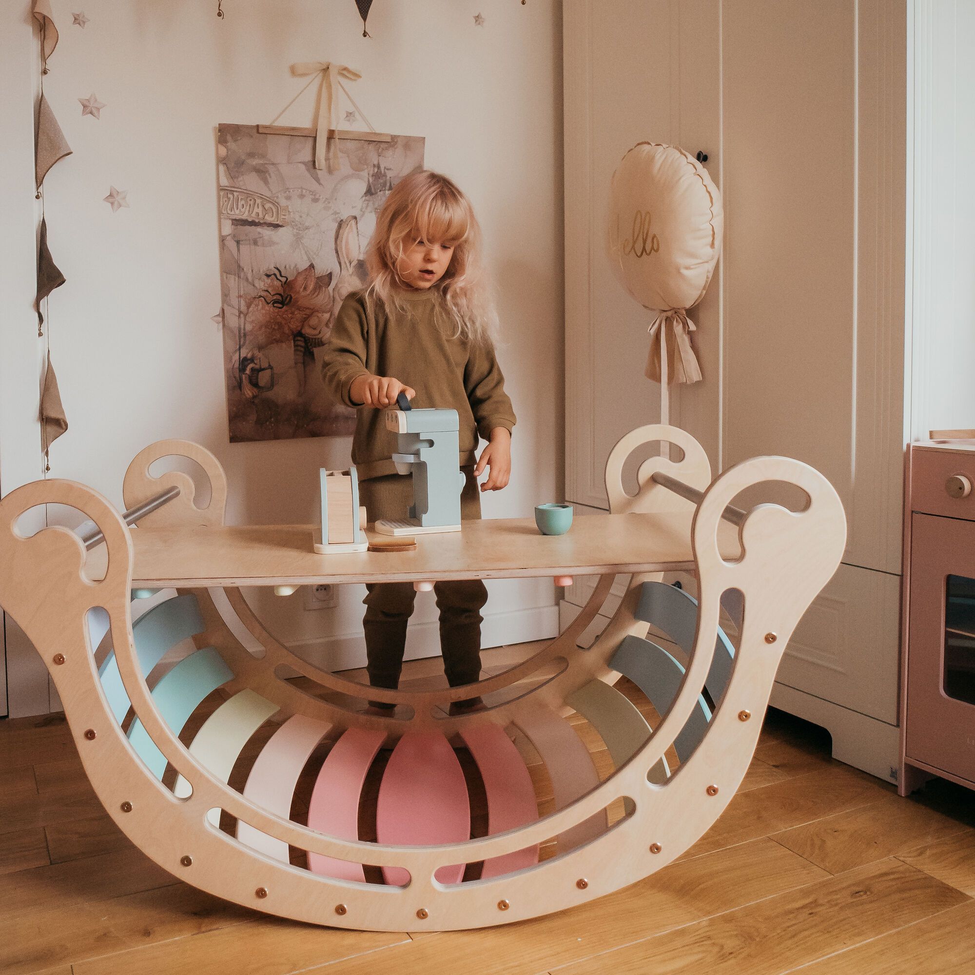 Wooden XXL Climbing Wall with Slide Pastel