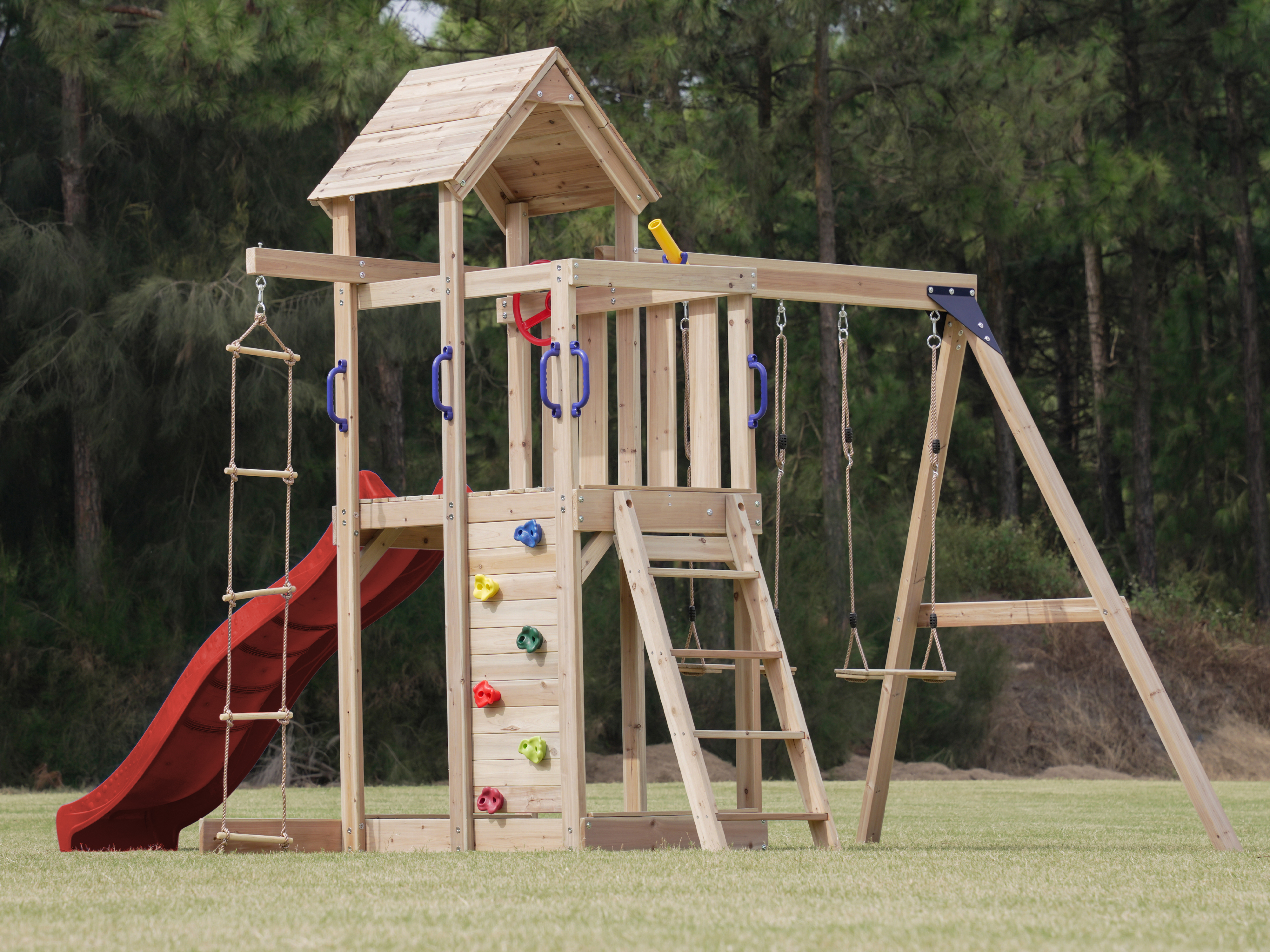 AXI Moos Climbing Frame with Double Swing Set - Red Slide