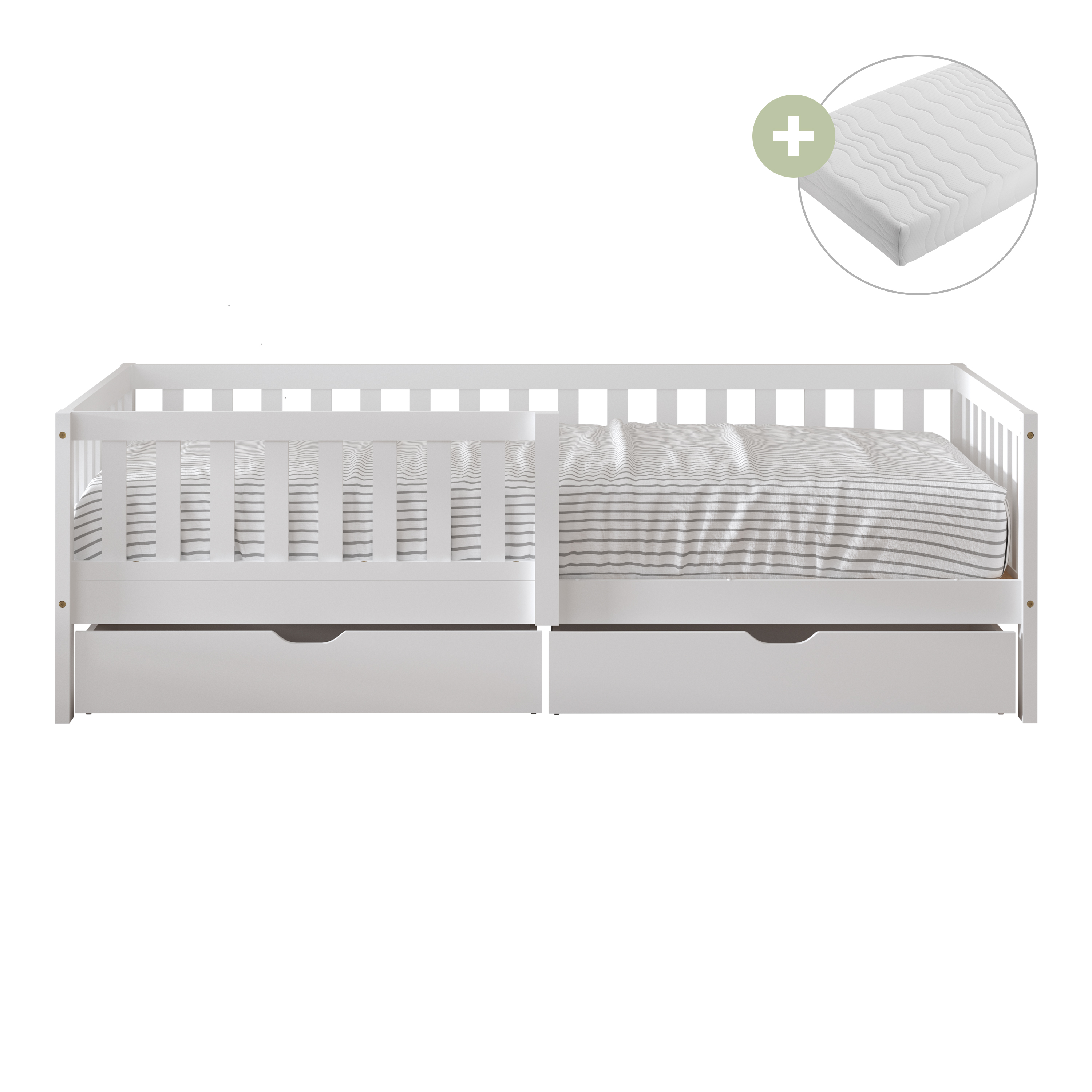 Sunny Isa Kids Bed with 2 Storage Drawers and Guardrail White – With Mattress