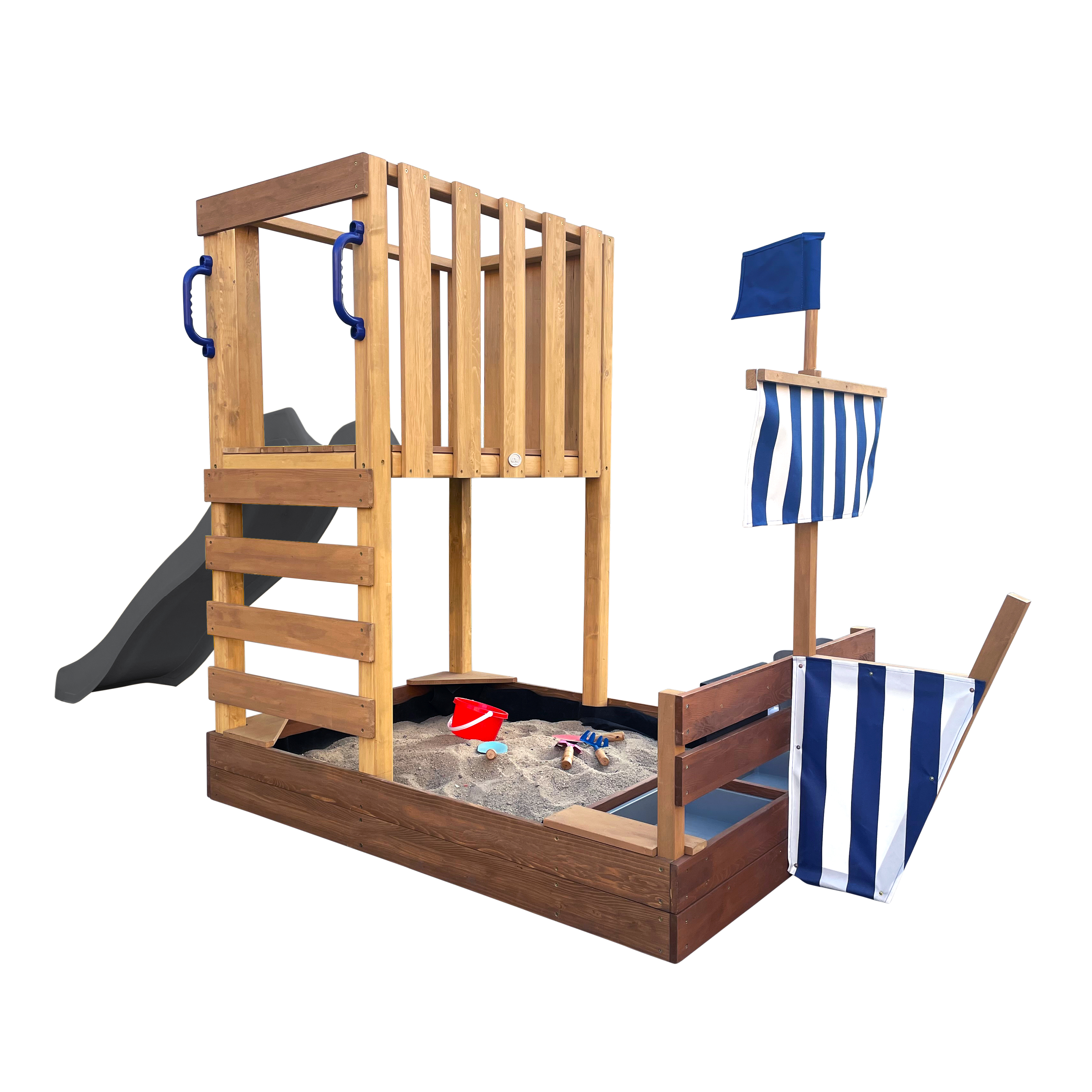 AXI Vicky Climbing Frame with Sandbox. Play Kitchen & Chalkboard – Grey Slide