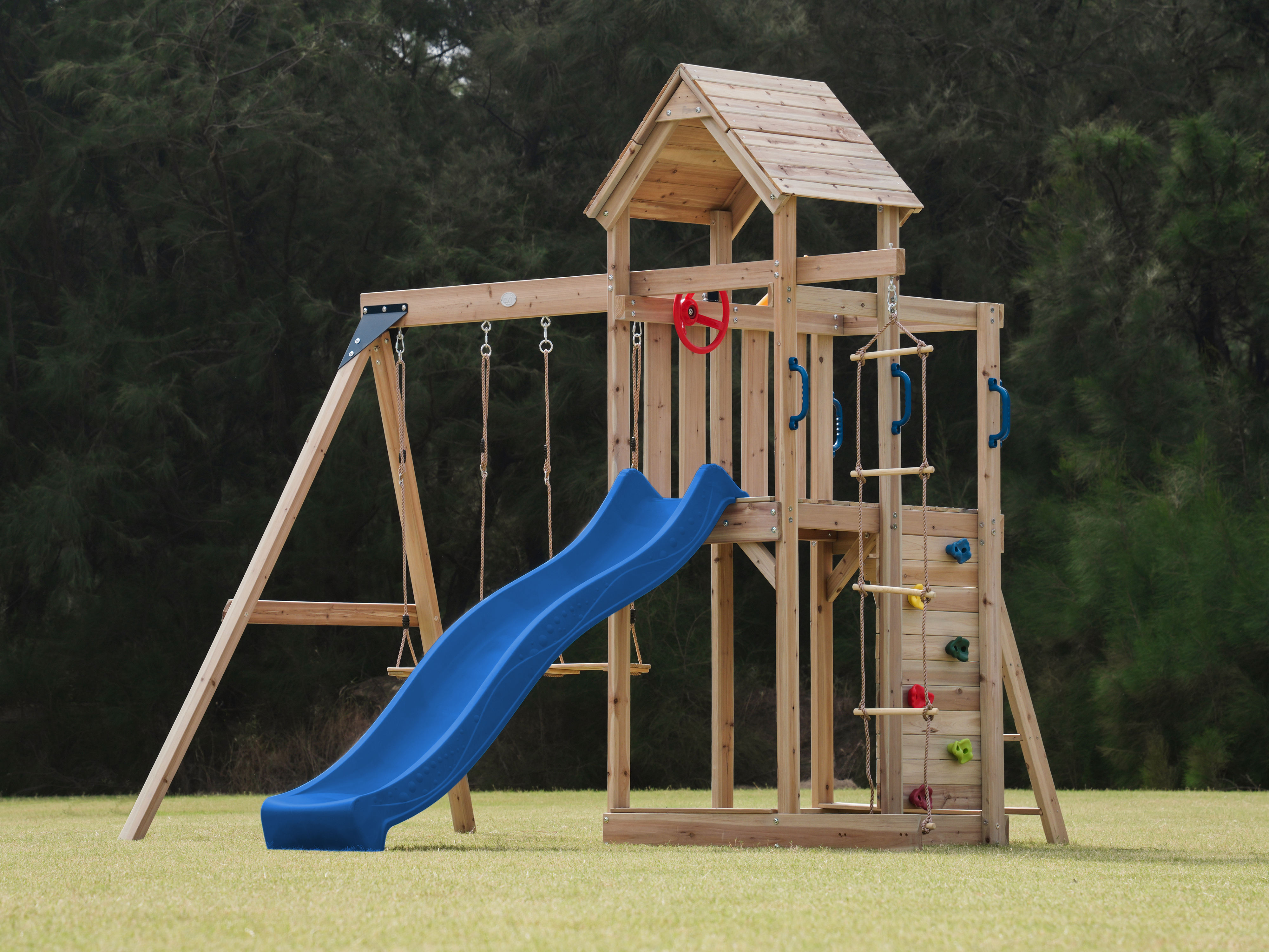 AXI Moos Climbing Frame with Double Swing Set - Blue Slide