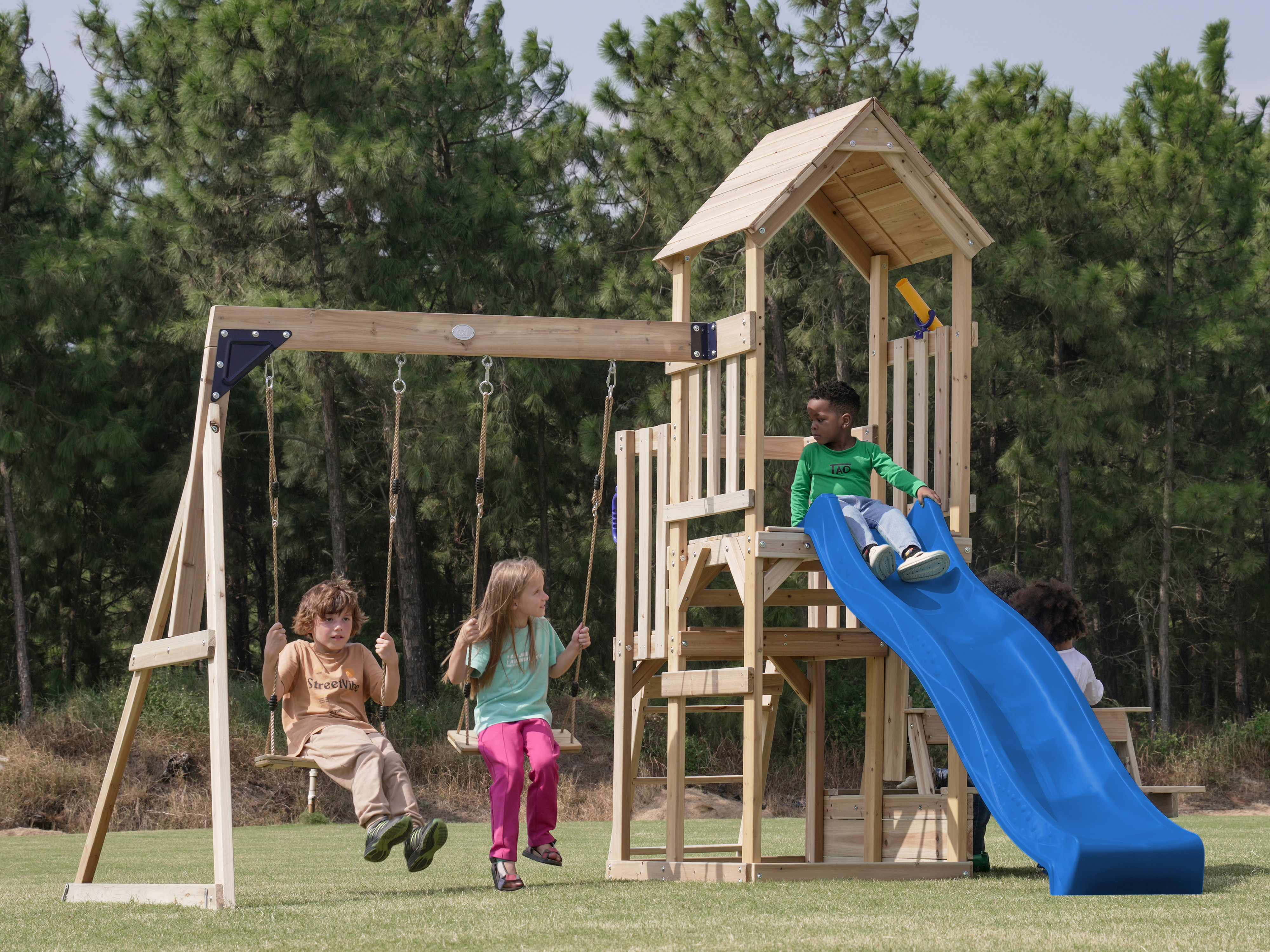 AXI Mette Playground with Double Swing Brown - Blue Slide 