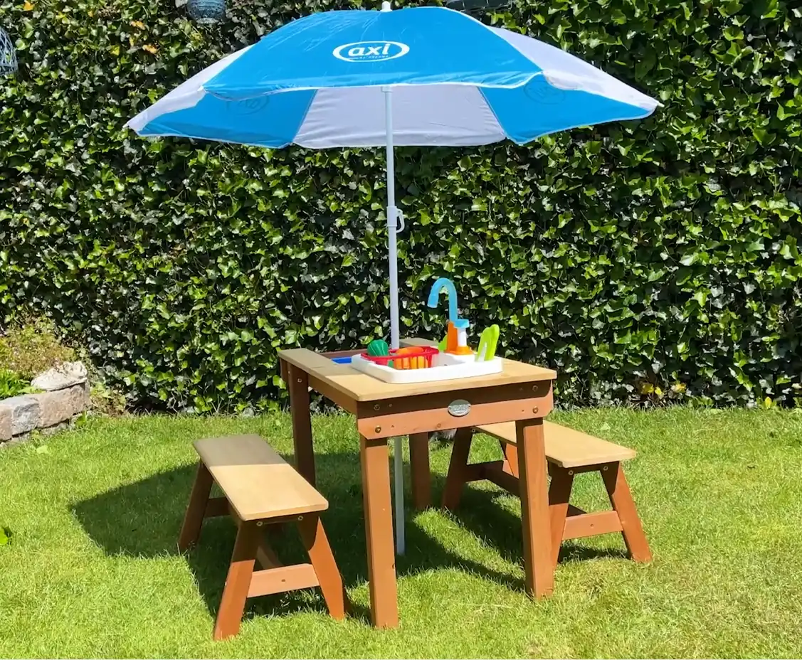 AXI Dennis Sand & Water Picnic Table with Play Kitchen Sink and Benches Anthracite/Brown - Umbrella Blue/White