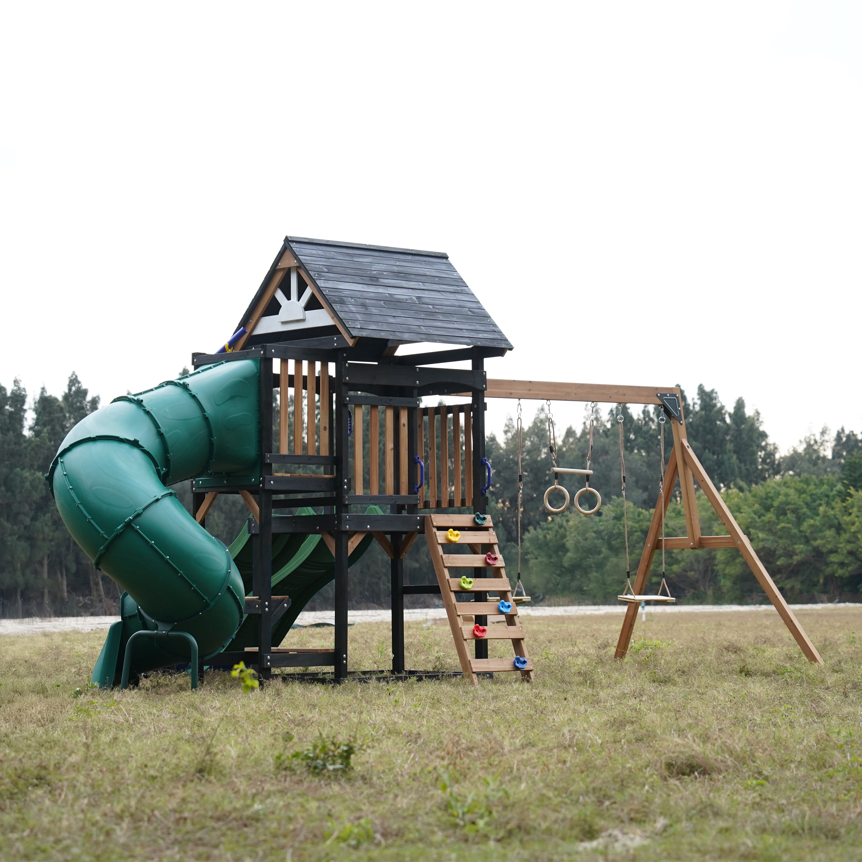 AXI Cody Climbing Frame with Swings, Trapeze and Climbing Wall – Green Double Slide and Tube Slide