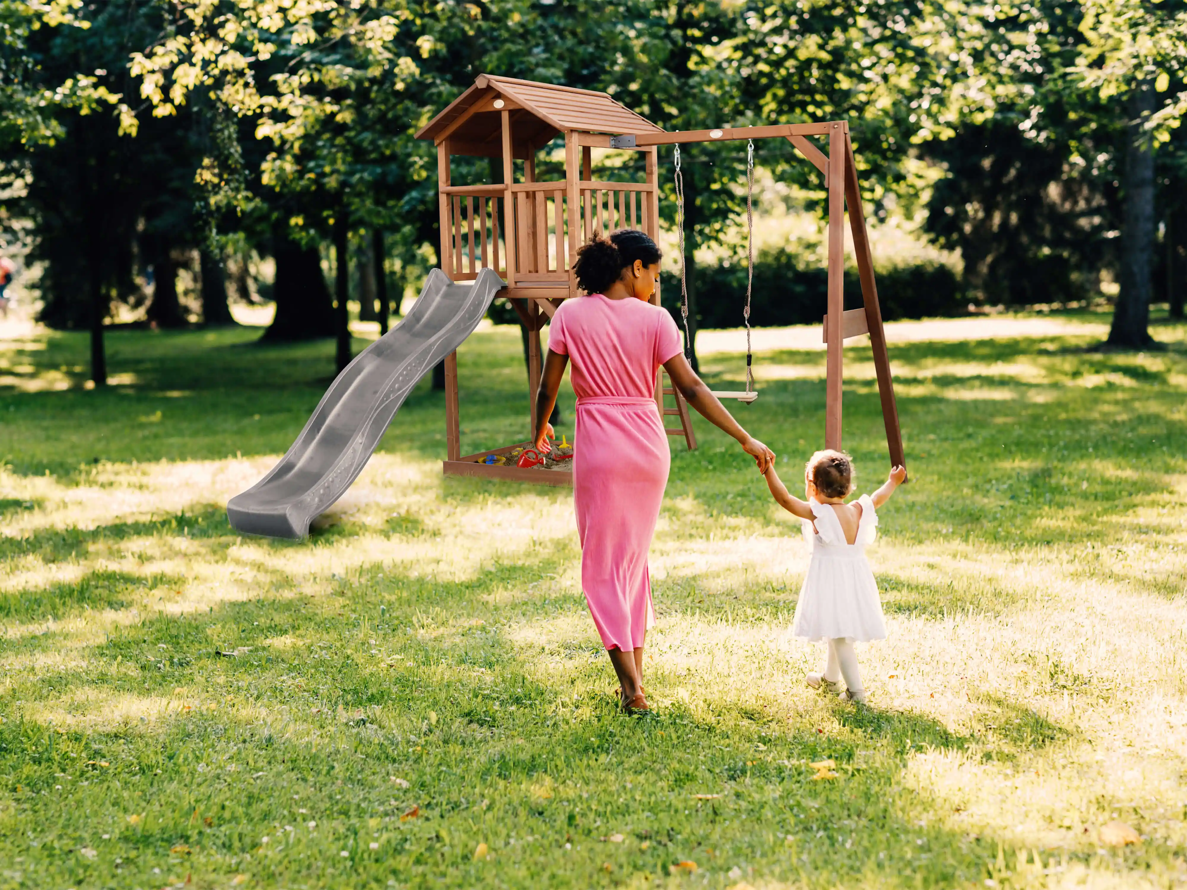 AXI Beach Tower with Single Swing Set Brown - Grey Slide