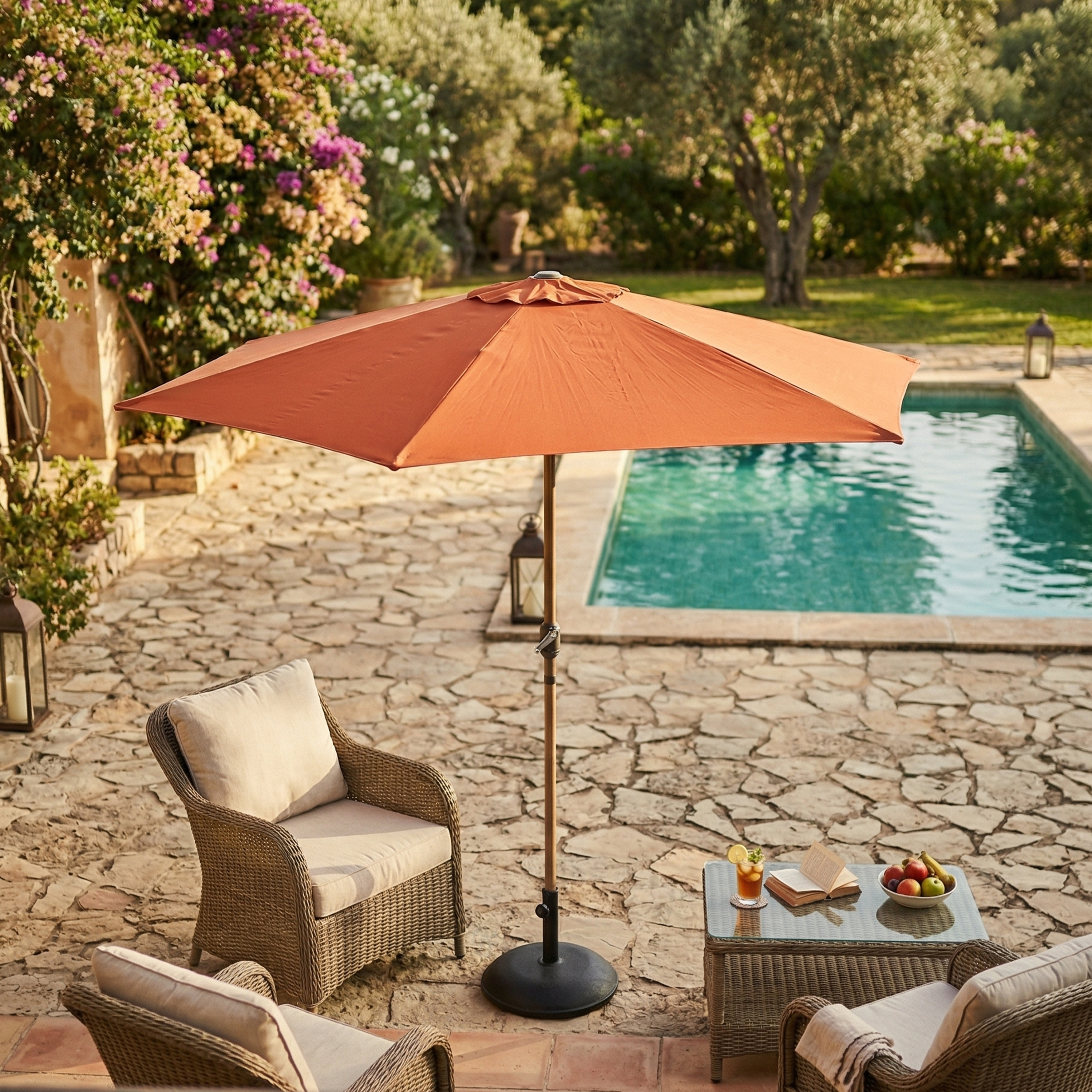 AXI Noor Centre Pole Parasol Ø 300cm incl. parasol base Oak-look/Terracotta