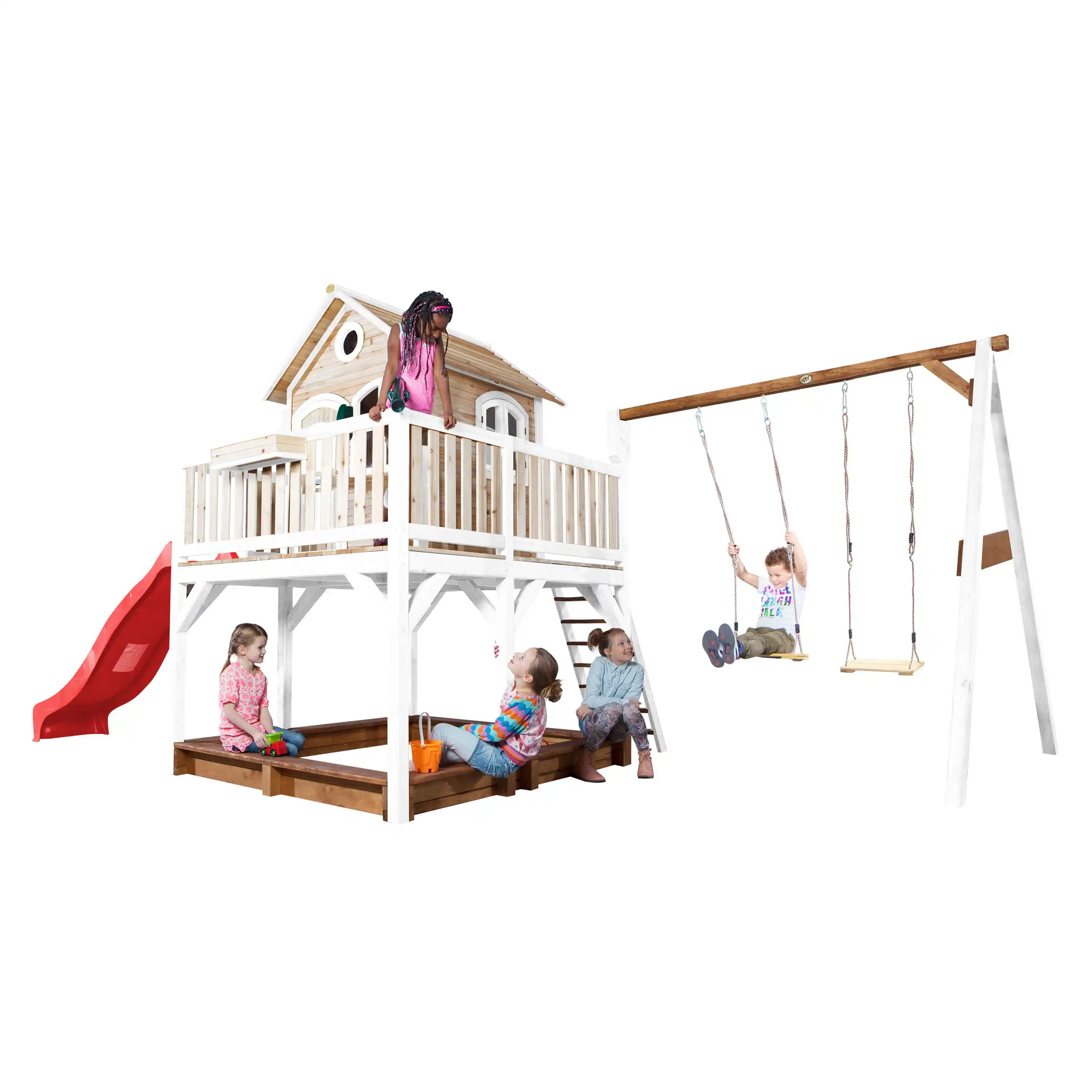 AXI Liam Playhouse with Double Swing Set Brown/White - Red Slide