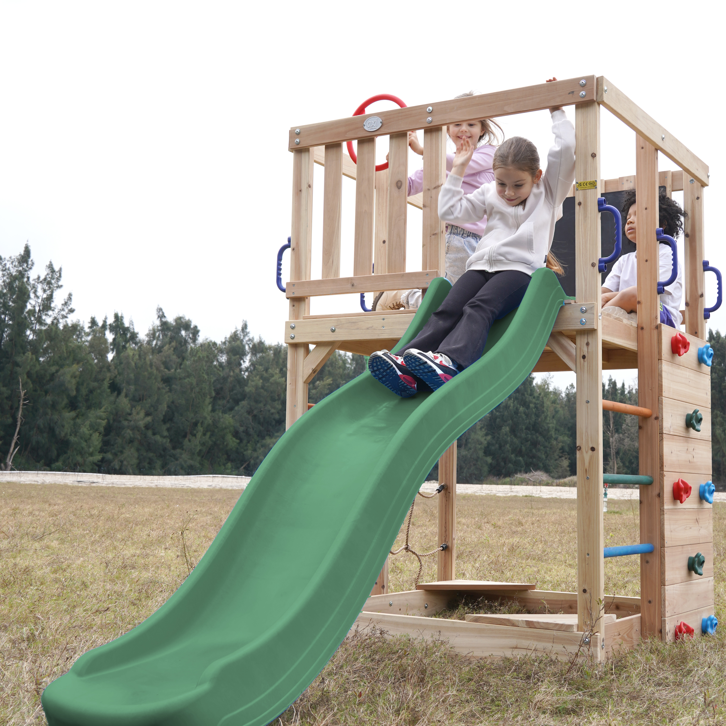 AXI Sam Climbing Frame with Climbing Wall, Climbing Net and Monkey Bars – Green Slide