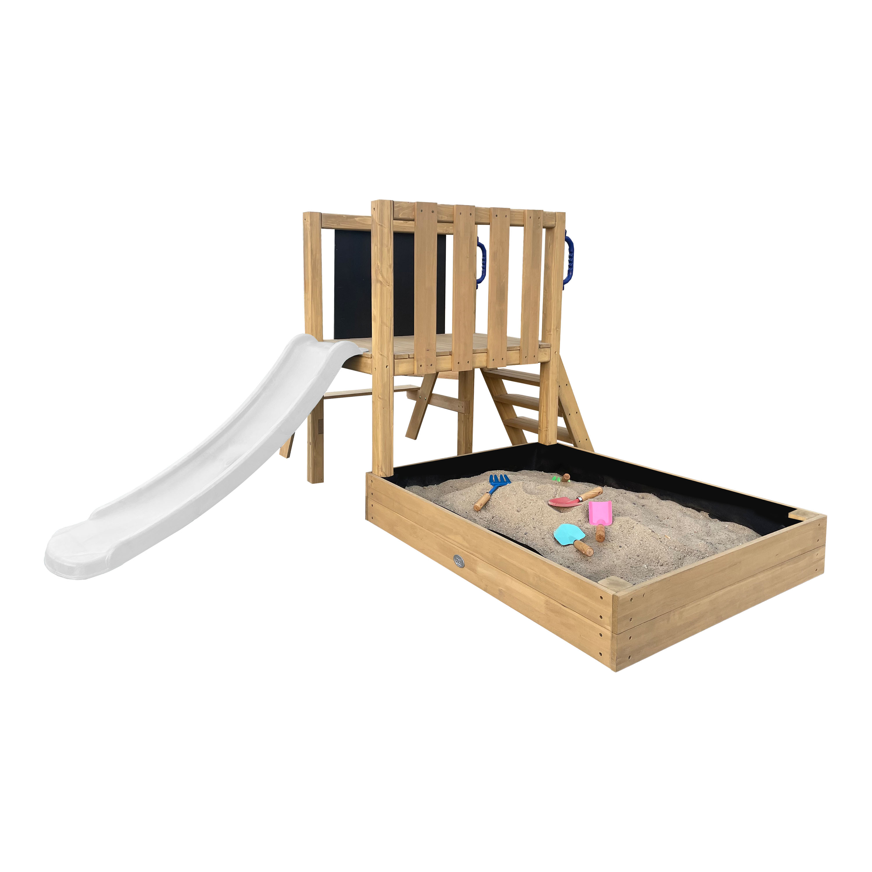 AXI Leah Mini Wooden Playtower with Sandbox, Picnic Table & Chalkboard – White Slide