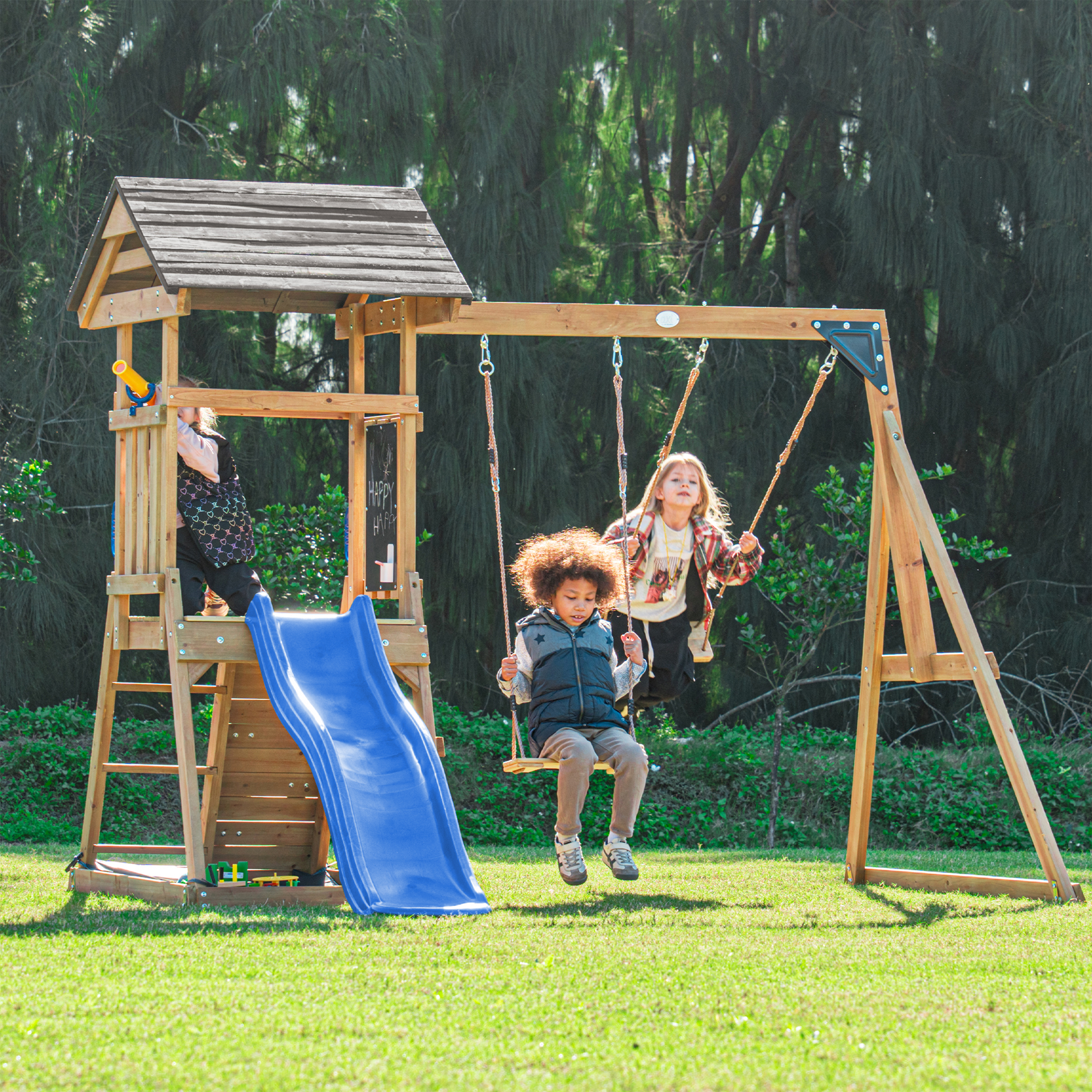 AXI Mia Climbing Frame with Double Swing Set – Blue Slide