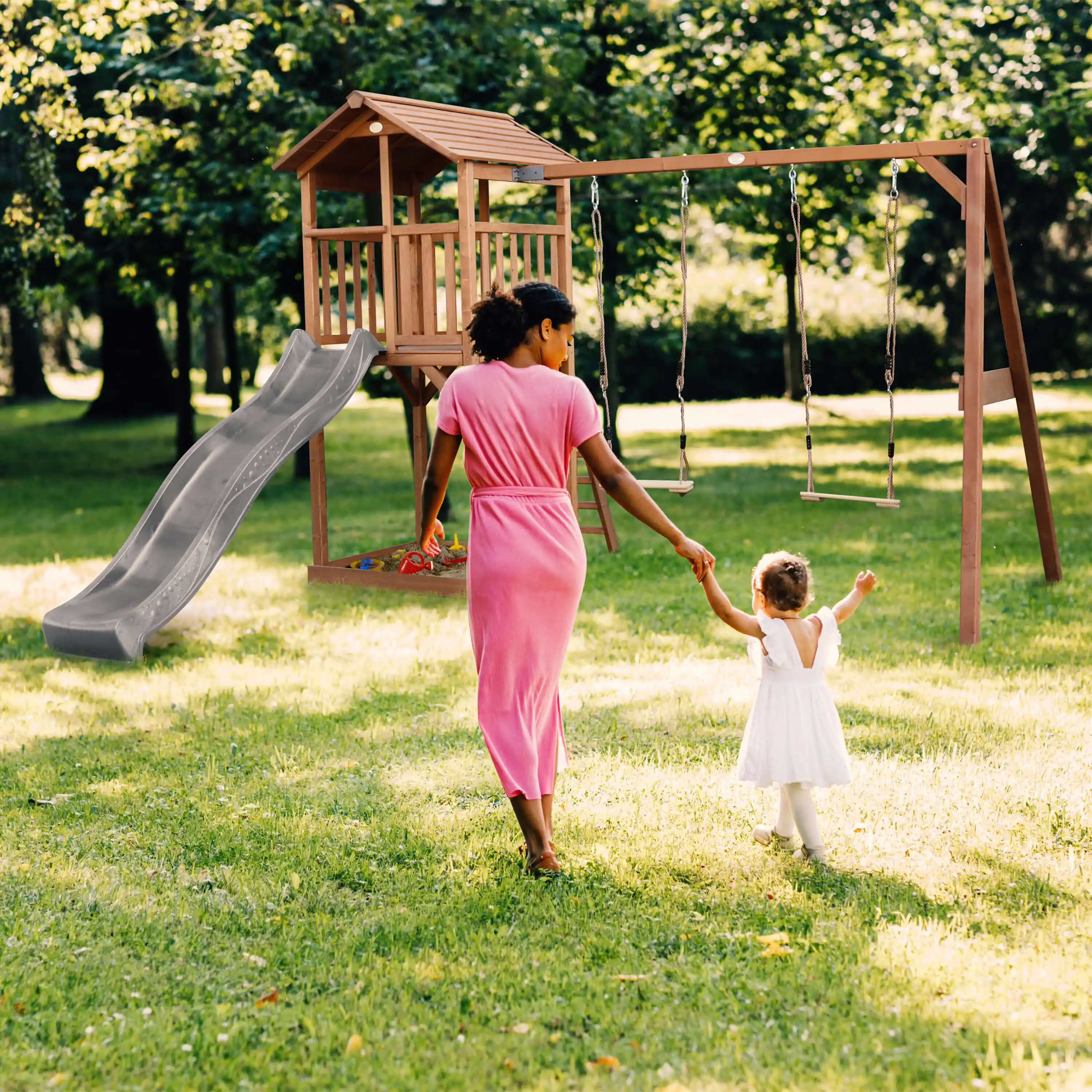 AXI Beach Tower with Double Swing Set Brown - Grey Slide