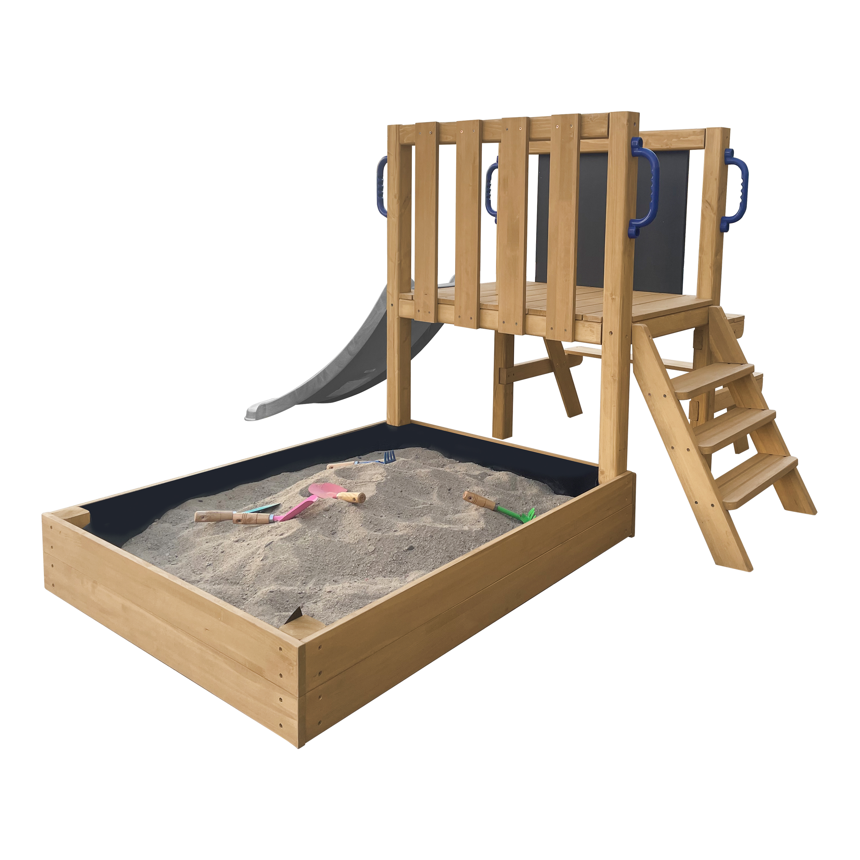 AXI Leah Mini Wooden Playtower with Sandbox, Picnic Table & Chalkboard –  Grey Slide