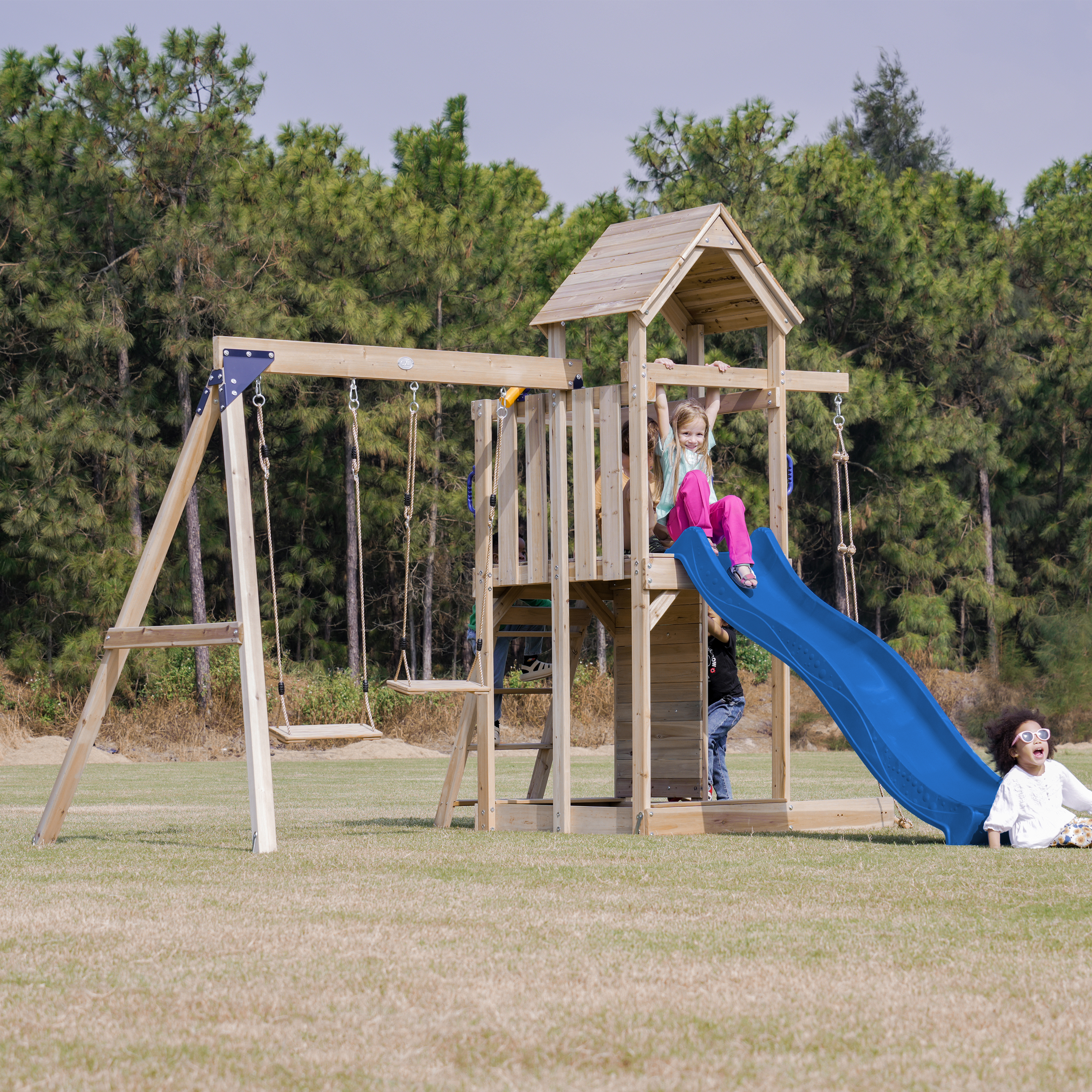 AXI Moos Climbing Frame with Double Swing Set - Blue Slide