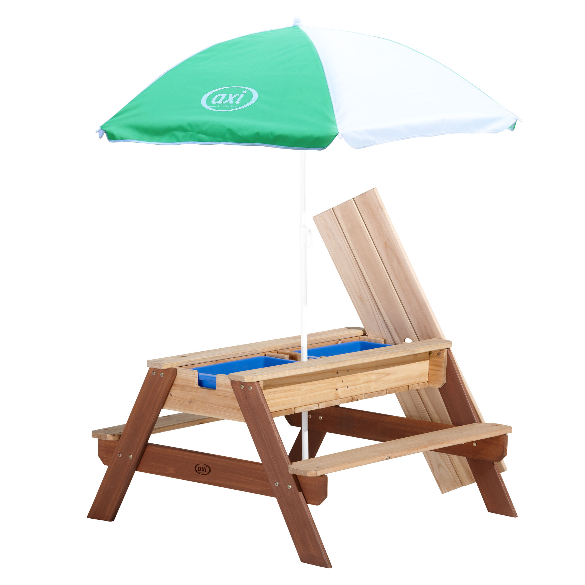 productfoto AXI Nick Zand & Water Picknicktafel Bruin Parasol Groen/wit