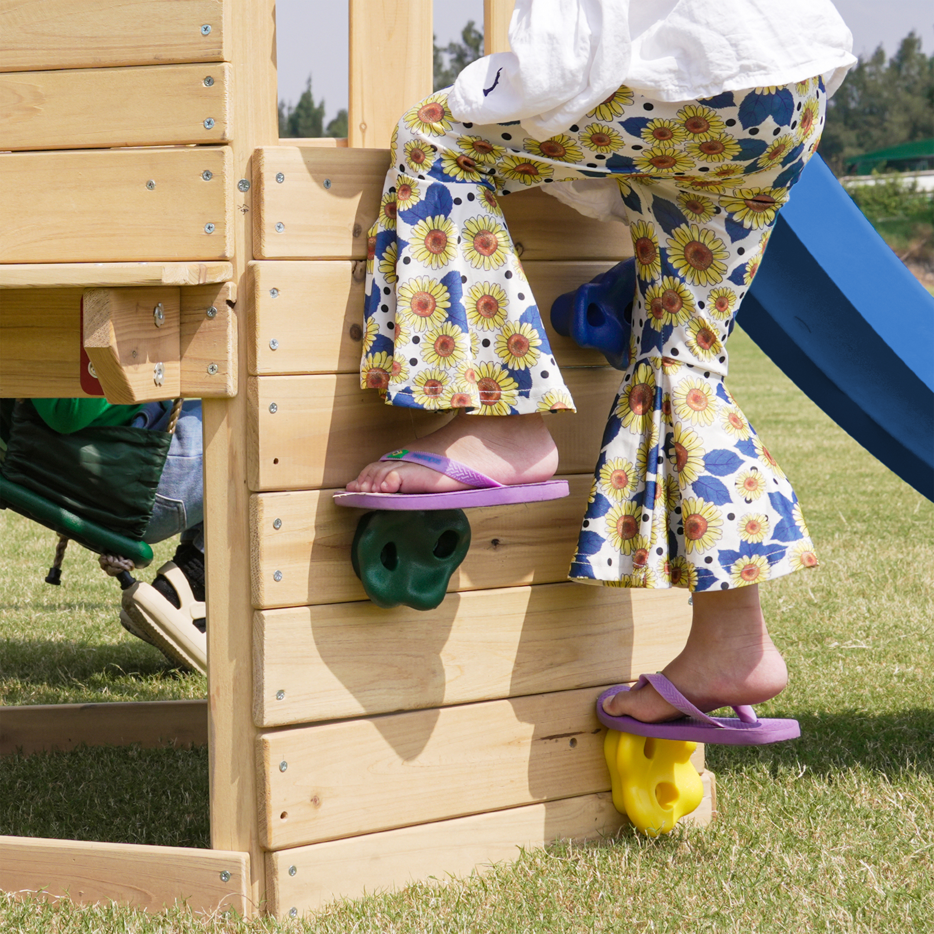 AXI Timo Mini Climbing Frame with Baby Swing. Climbing Wall and Chalkboard – Blue Slide