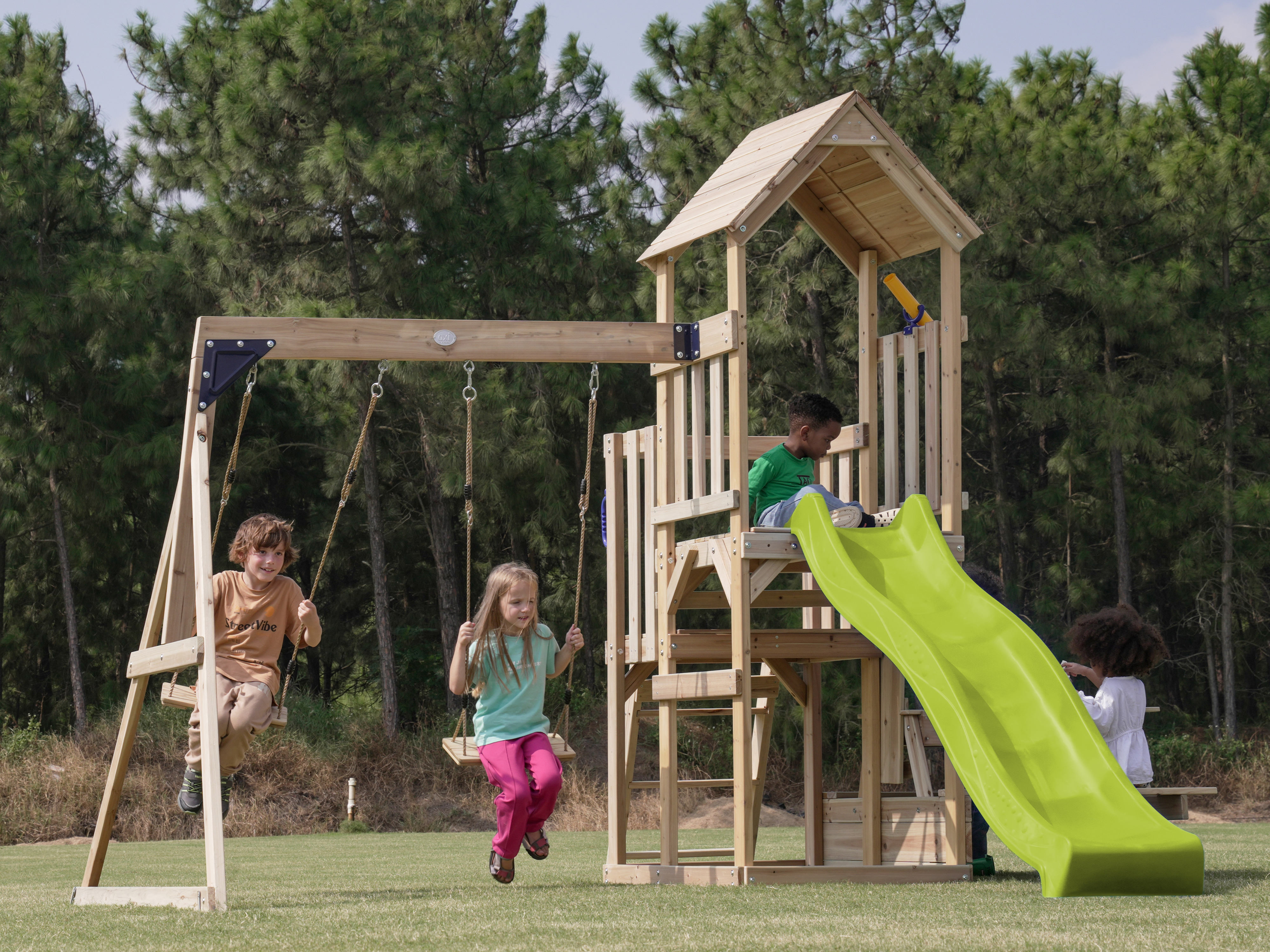 AXI Mette Climbing Frame with Double Swing Set and Picnic Table - Lime Green Slide