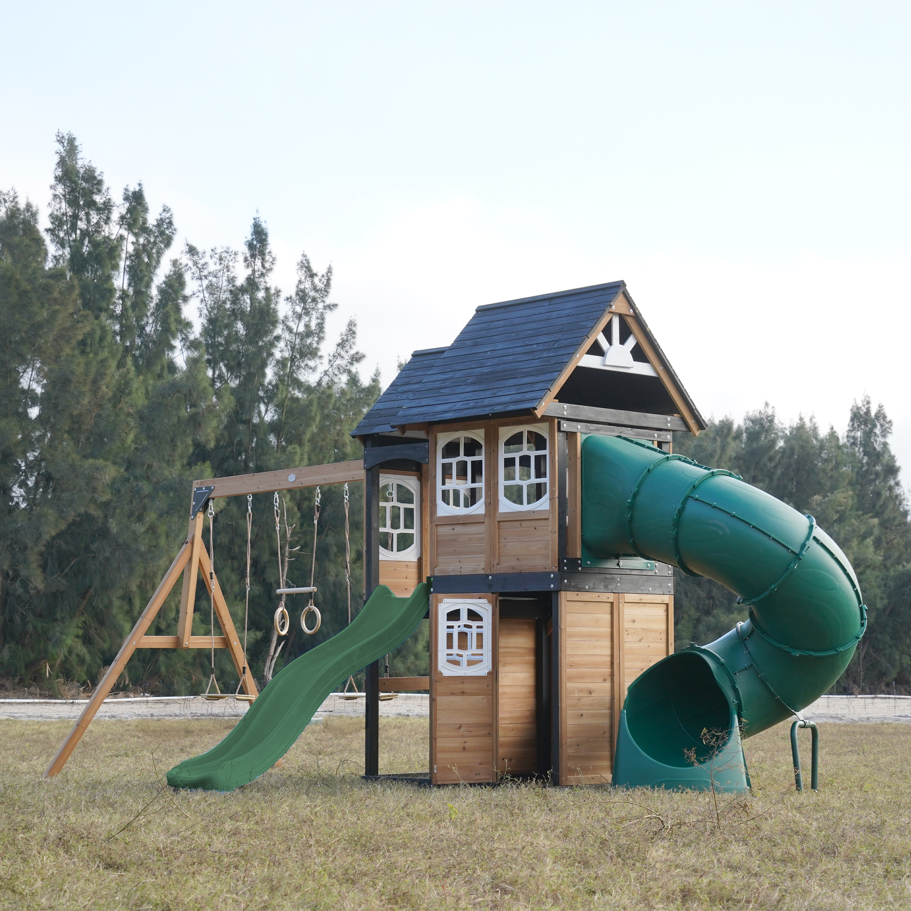 AXI Noud Climbing Frame with Playhouse, Swings, Trapeze and Climbing Wall – Green Slide and Tube Slide