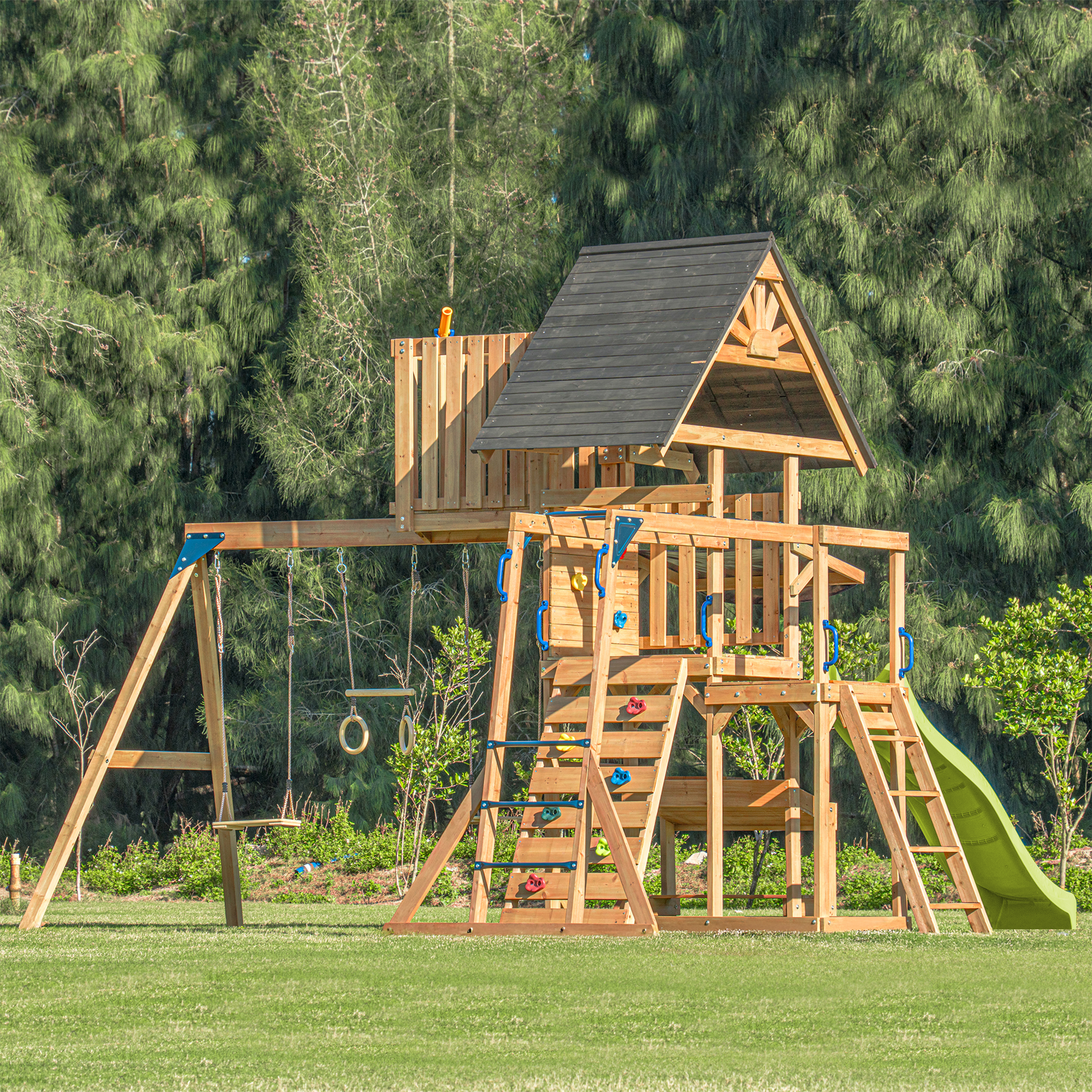 AXI Mitch Climbing Frame with Double Swing, Trapeze and Lookout Tower – Lime Green Slide