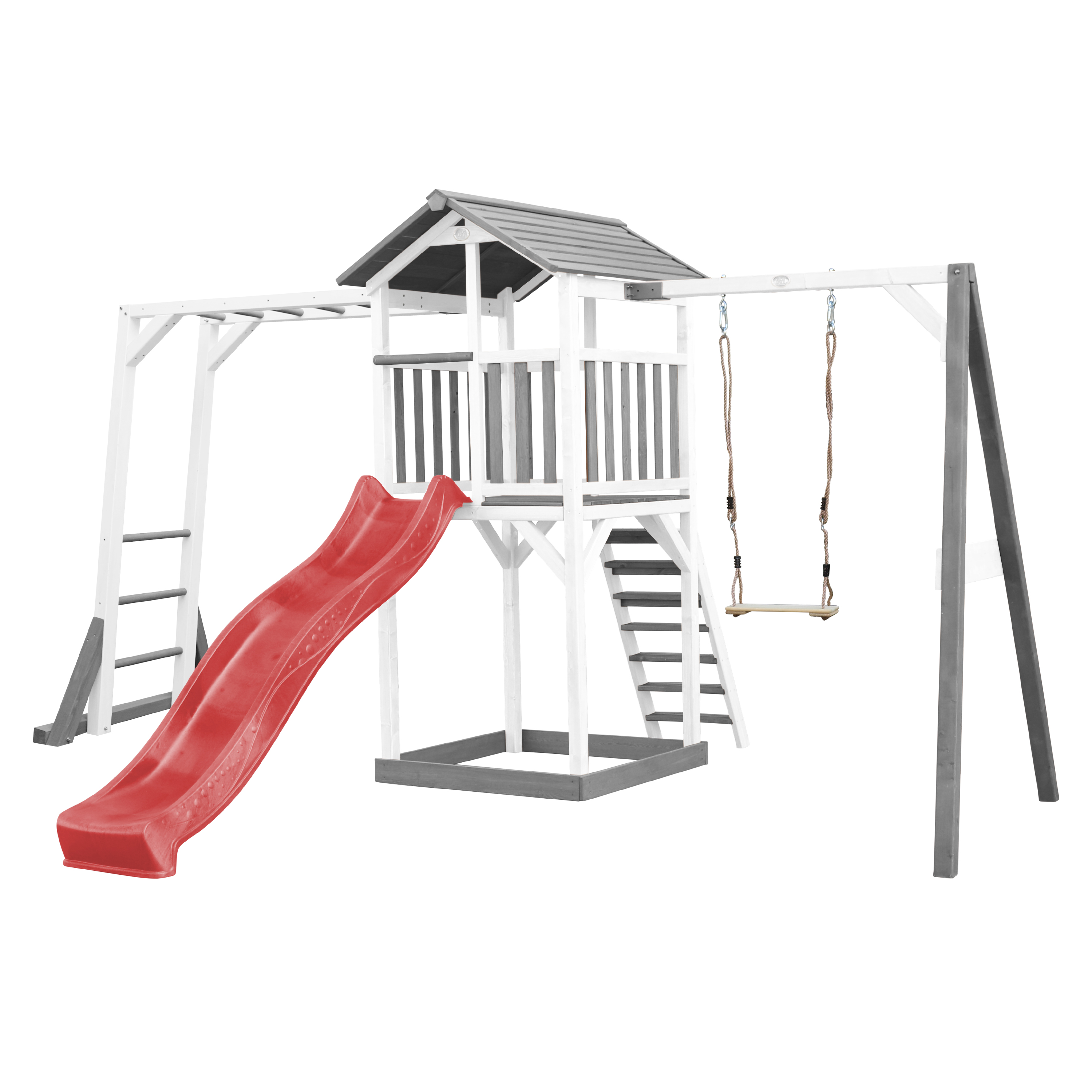 AXI Beach Tower with Climbing Frame and Single Swing Set Grey/White - Red Slide
