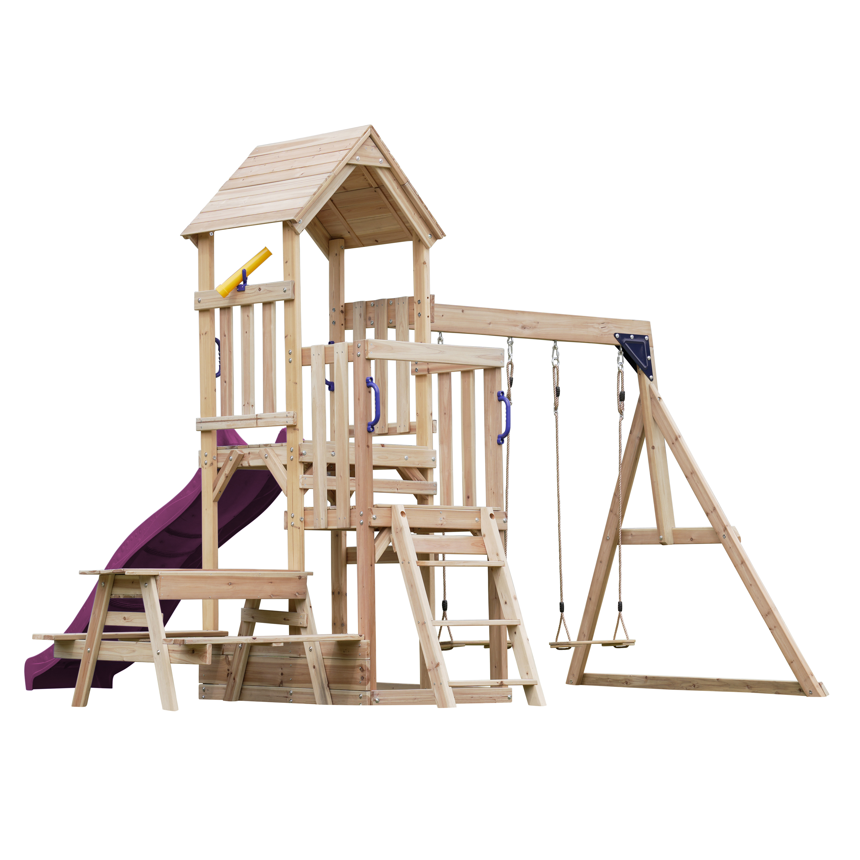 AXI Mette Climbing Frame with Double Swing Set and Picnic Table - Purple Slide