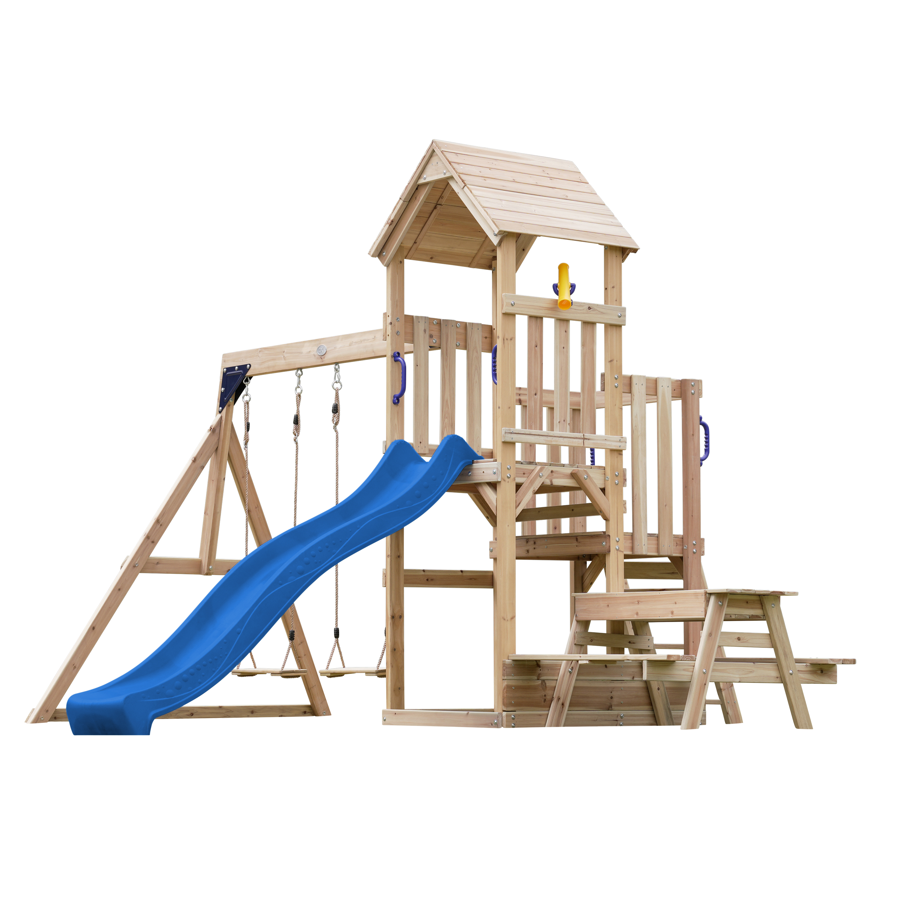 AXI Mette Climbing Frame with Double Swing Set and Picnic Table - Blue Slide