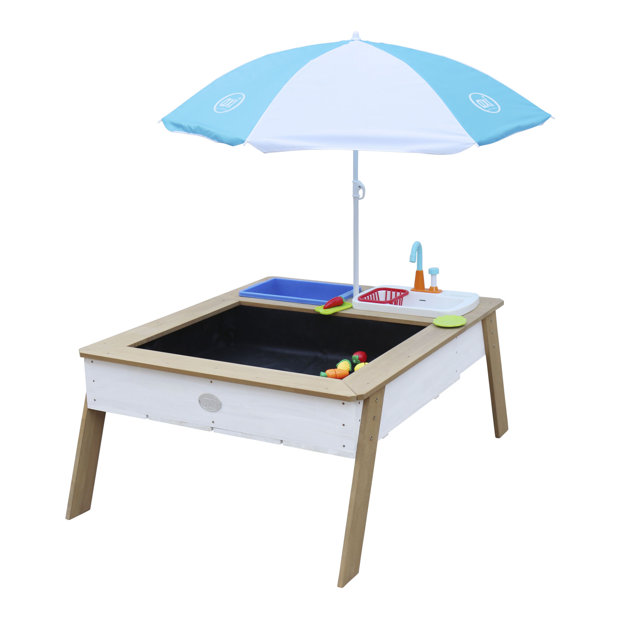 productfoto AXI Linda Zand & Water Tafel met Speelkeuken wastafel Bruin/wit Parasol Blauw/wit