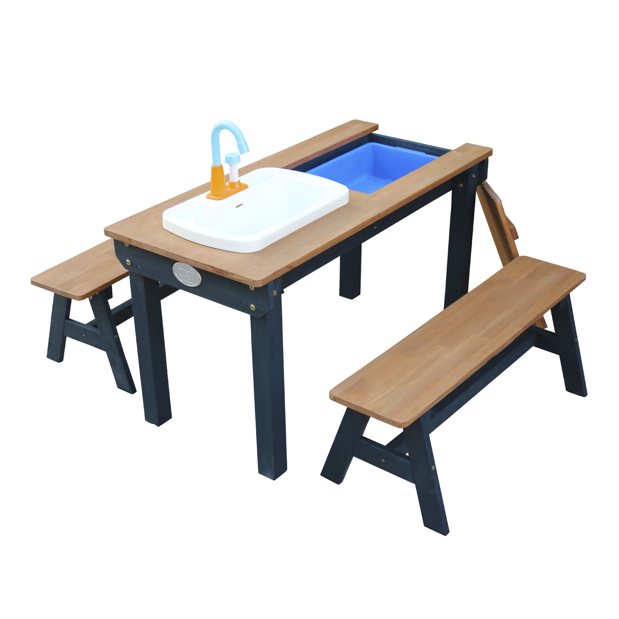 productfoto AXI Dennis Zand & Water Picknicktafel met Speelkeuken wastafel en losse bankjes Antraciet/bruin - Parasol Blauw/wit