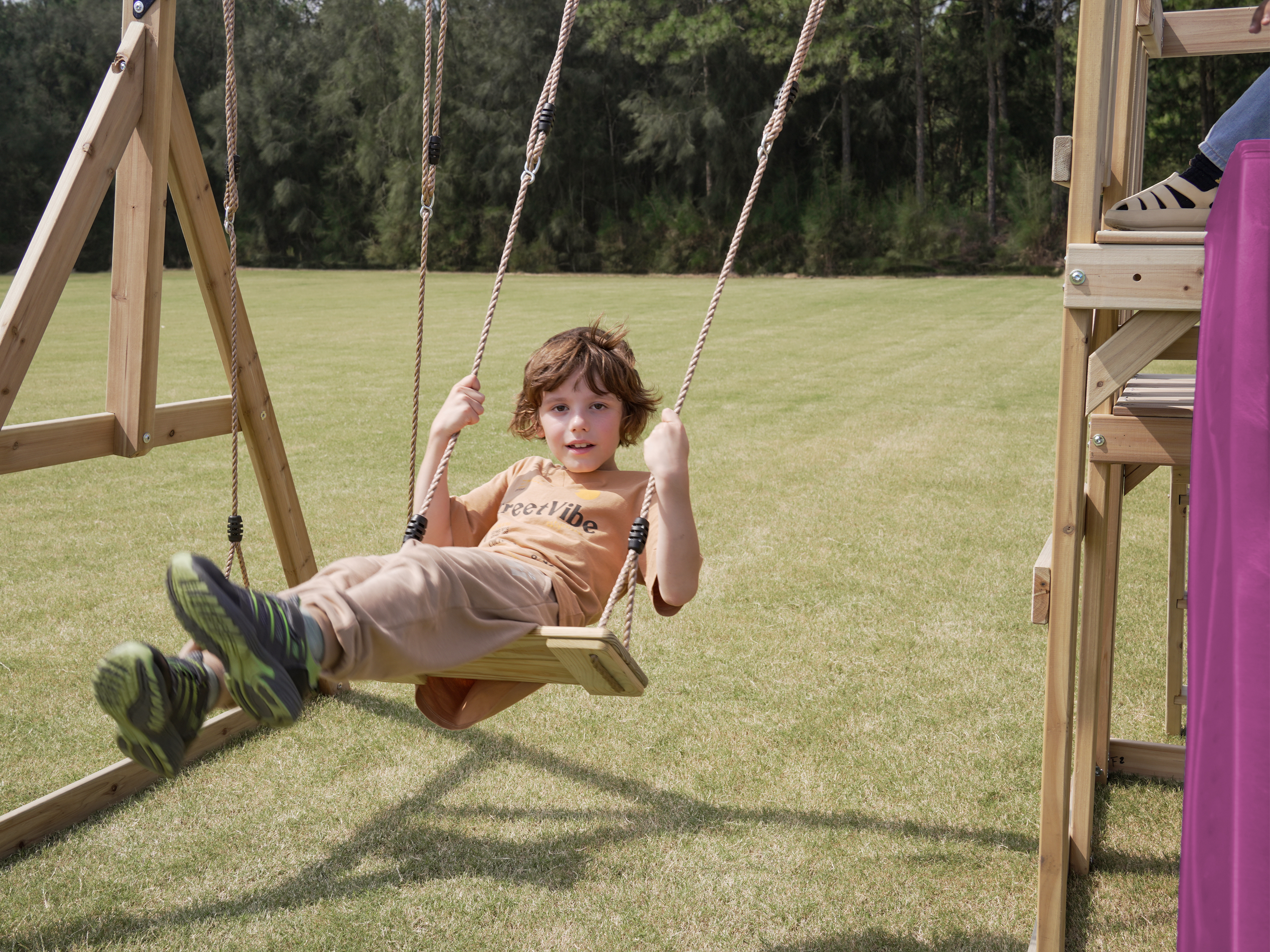 AXI Mette Climbing Frame with Double Swing Set and Picnic Table - Purple Slide