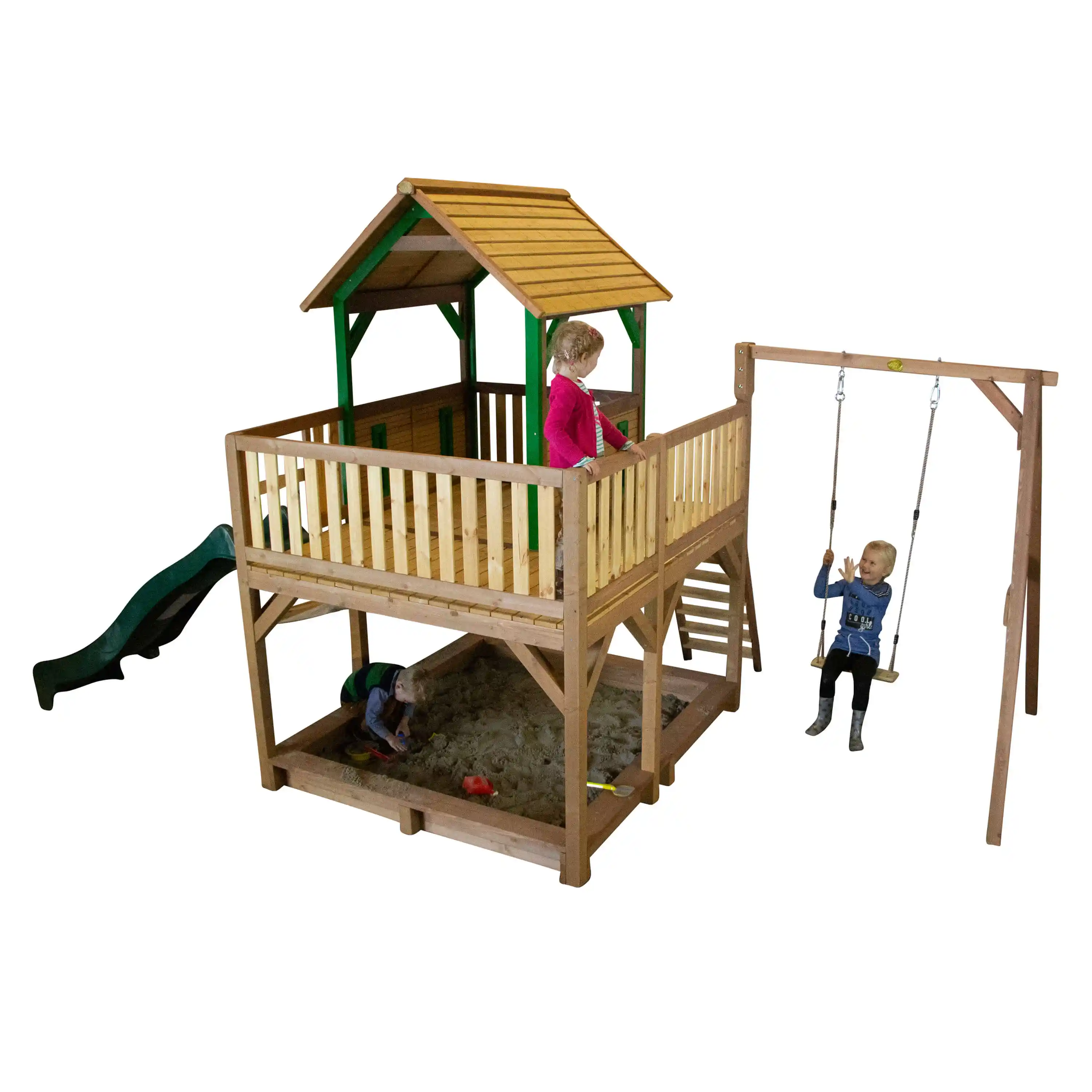 AXI Atka Play Tower with Single Swing Set Brown/Green - Green Slide