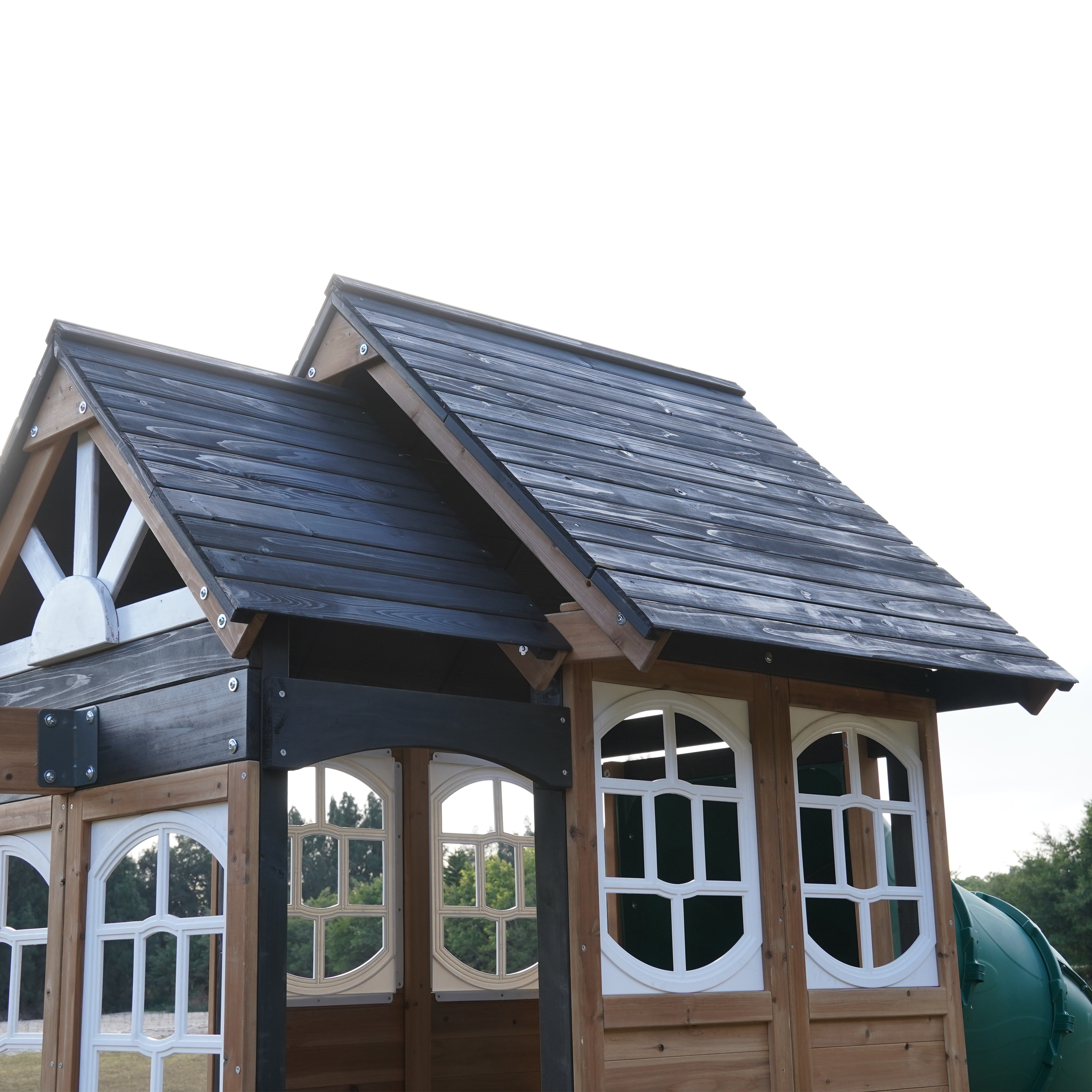 AXI Noud Climbing Frame with Playhouse, Swings, Trapeze and Climbing Wall – Blue Slide and Tube Slide