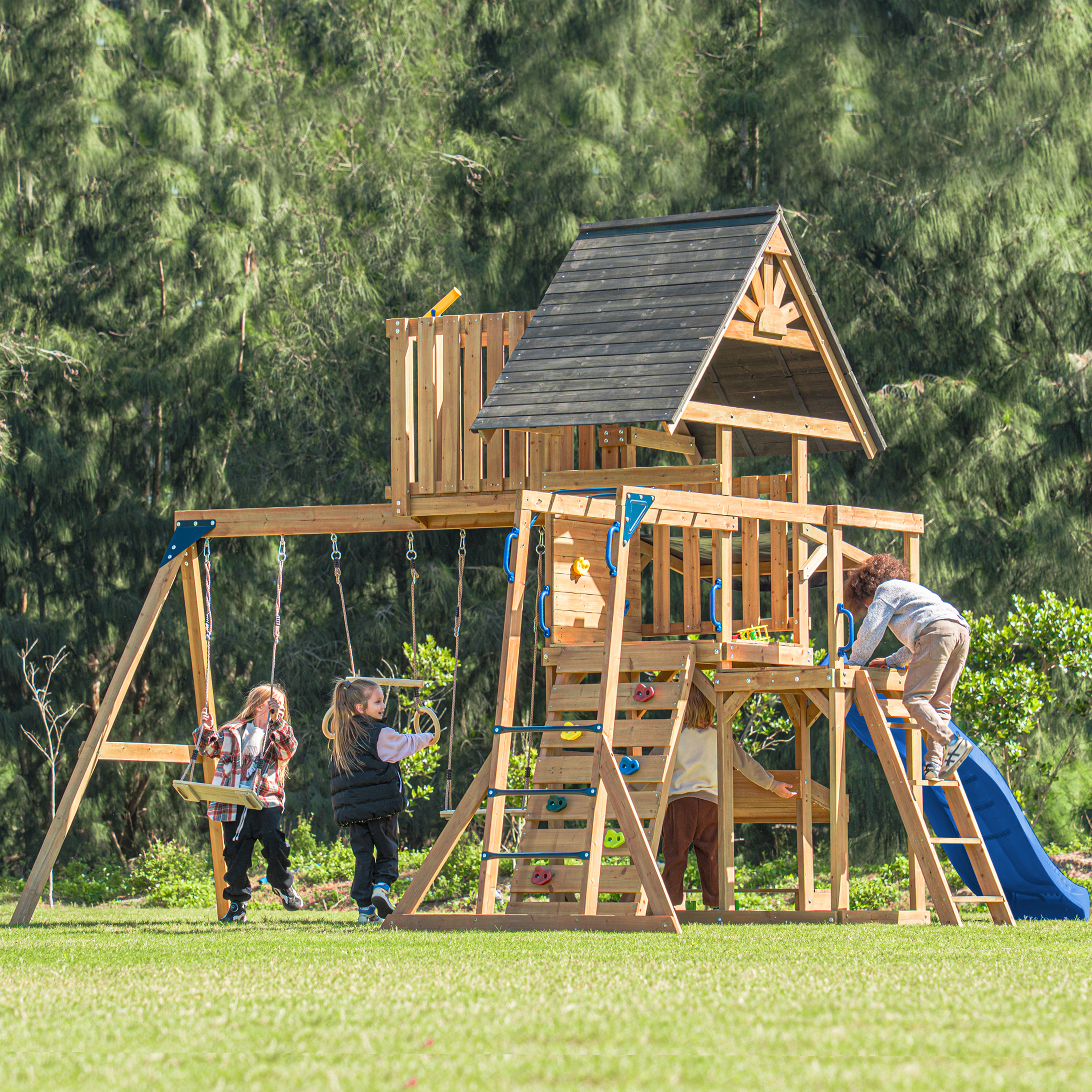 AXI Mitch Climbing Frame with Double Swing, Trapeze and Lookout Tower – Blue Slide