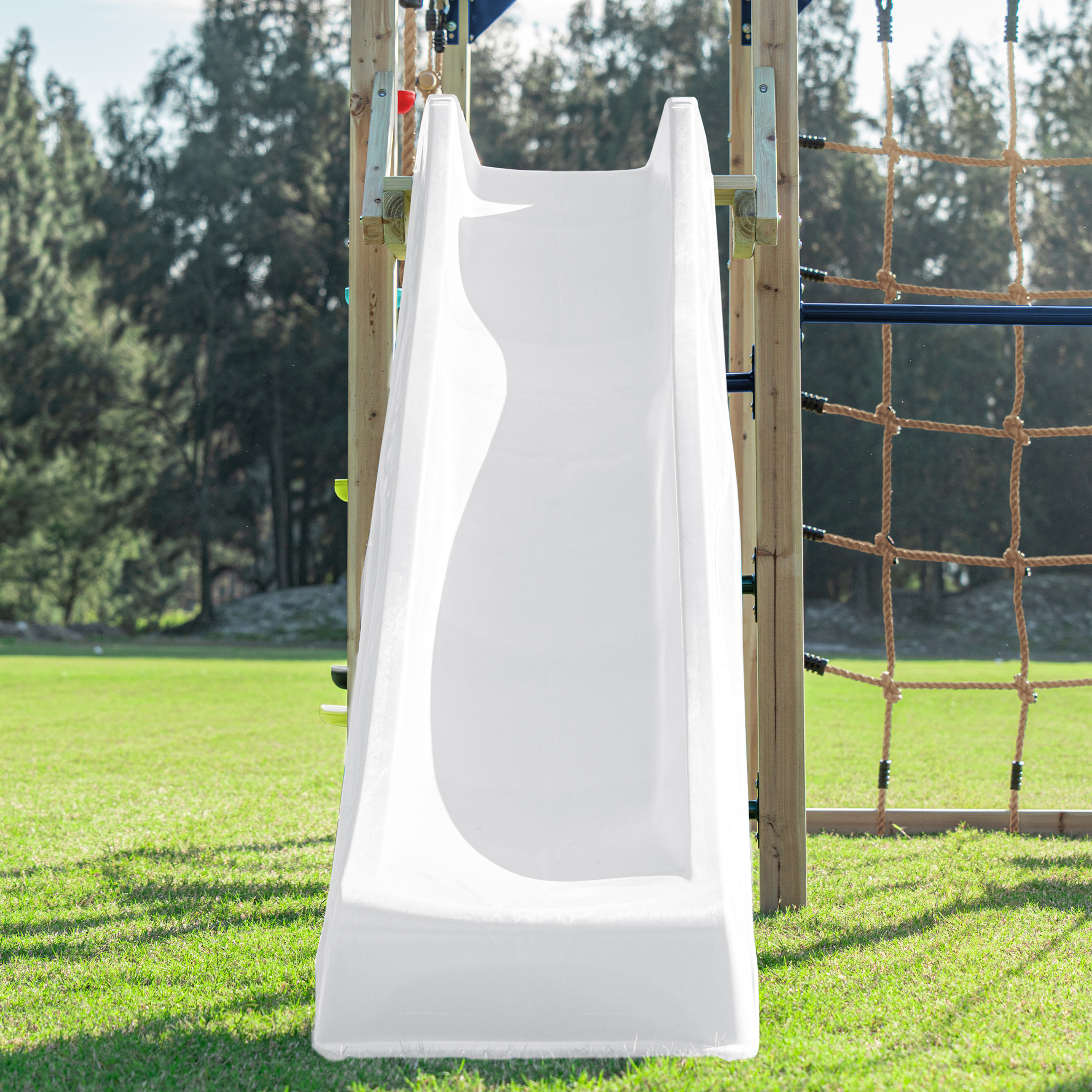 AXI Boris Wooden Playcentre with Swings. Trapeze. Climbing Nets and Monkey Bars – White Slide