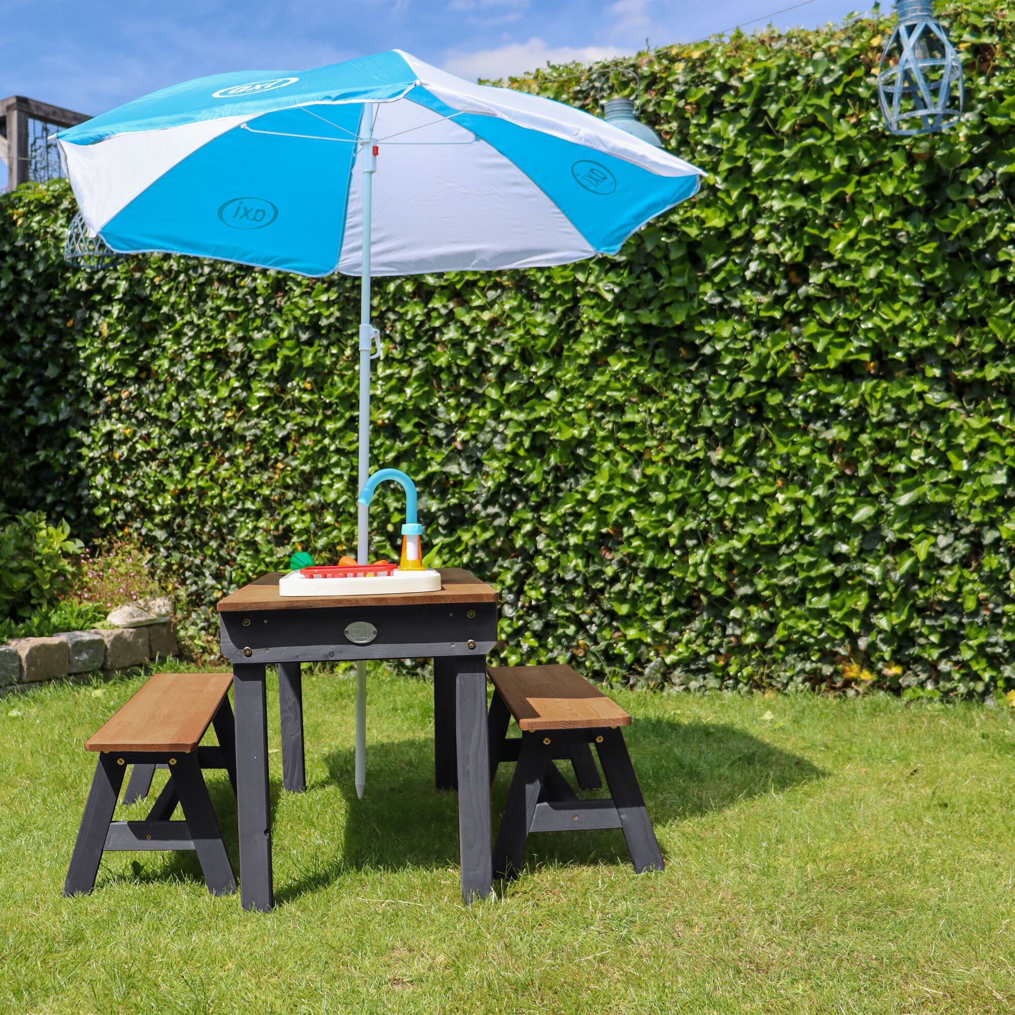 AXI Dennis Sand & Water Picnic Table with Play Kitchen Sink and Benches Anthracite/Brown - Umbrella Blue/White