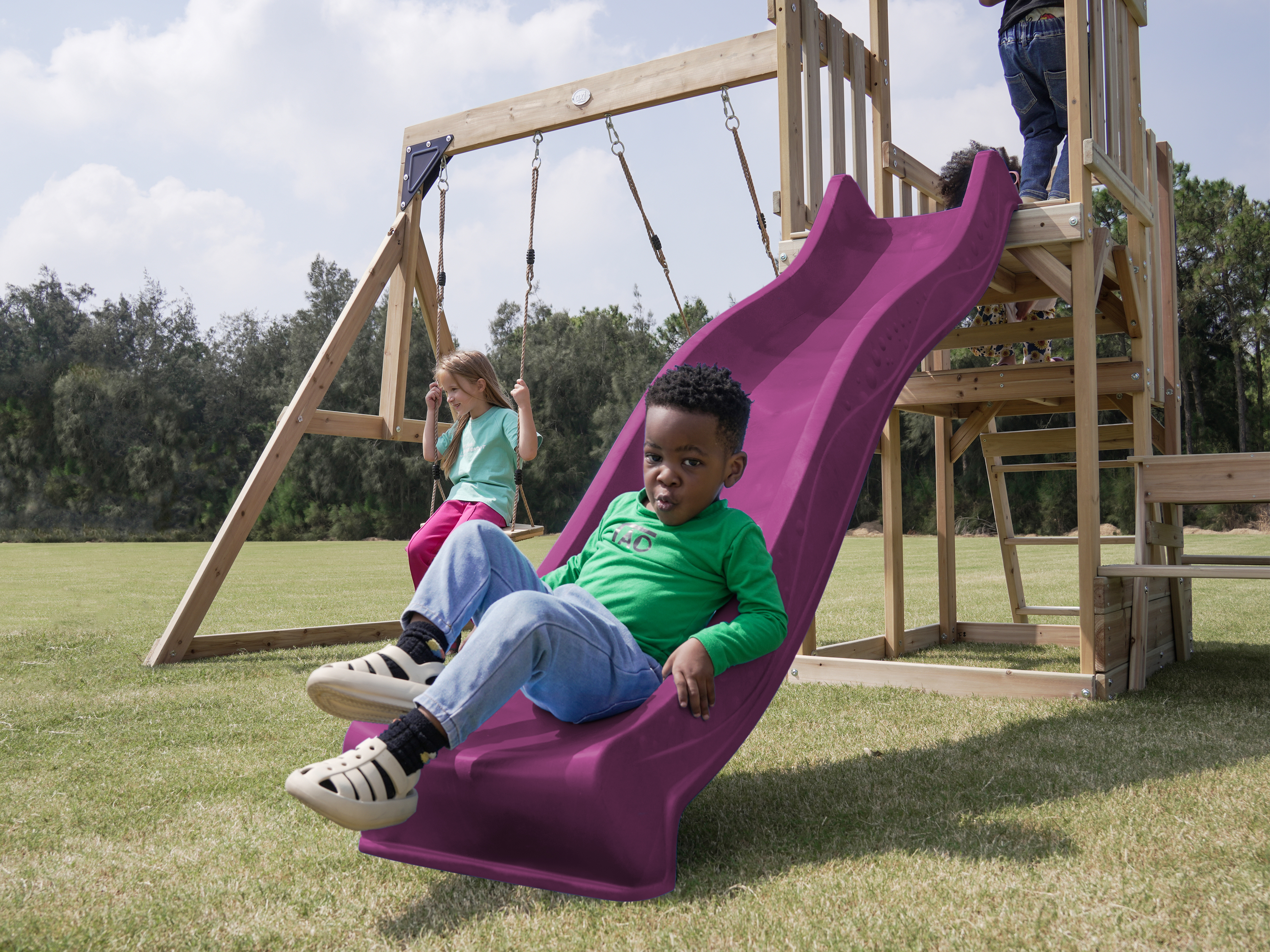 AXI Mette Climbing Frame with Double Swing Set and Picnic Table - Purple Slide