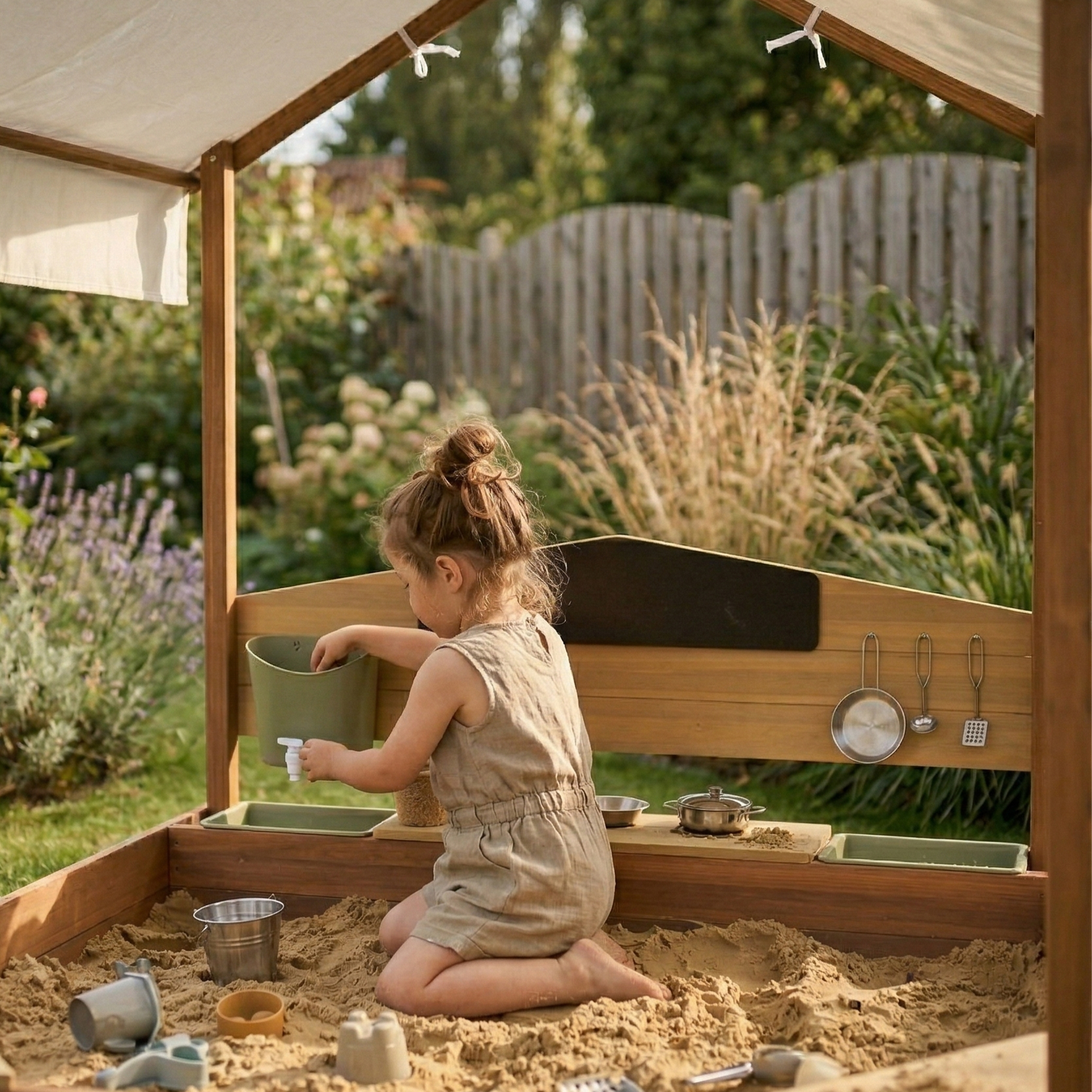 AXI Meli Sandbox & Playhouse with Play Kitchen - 120 x 120 cm - Brown