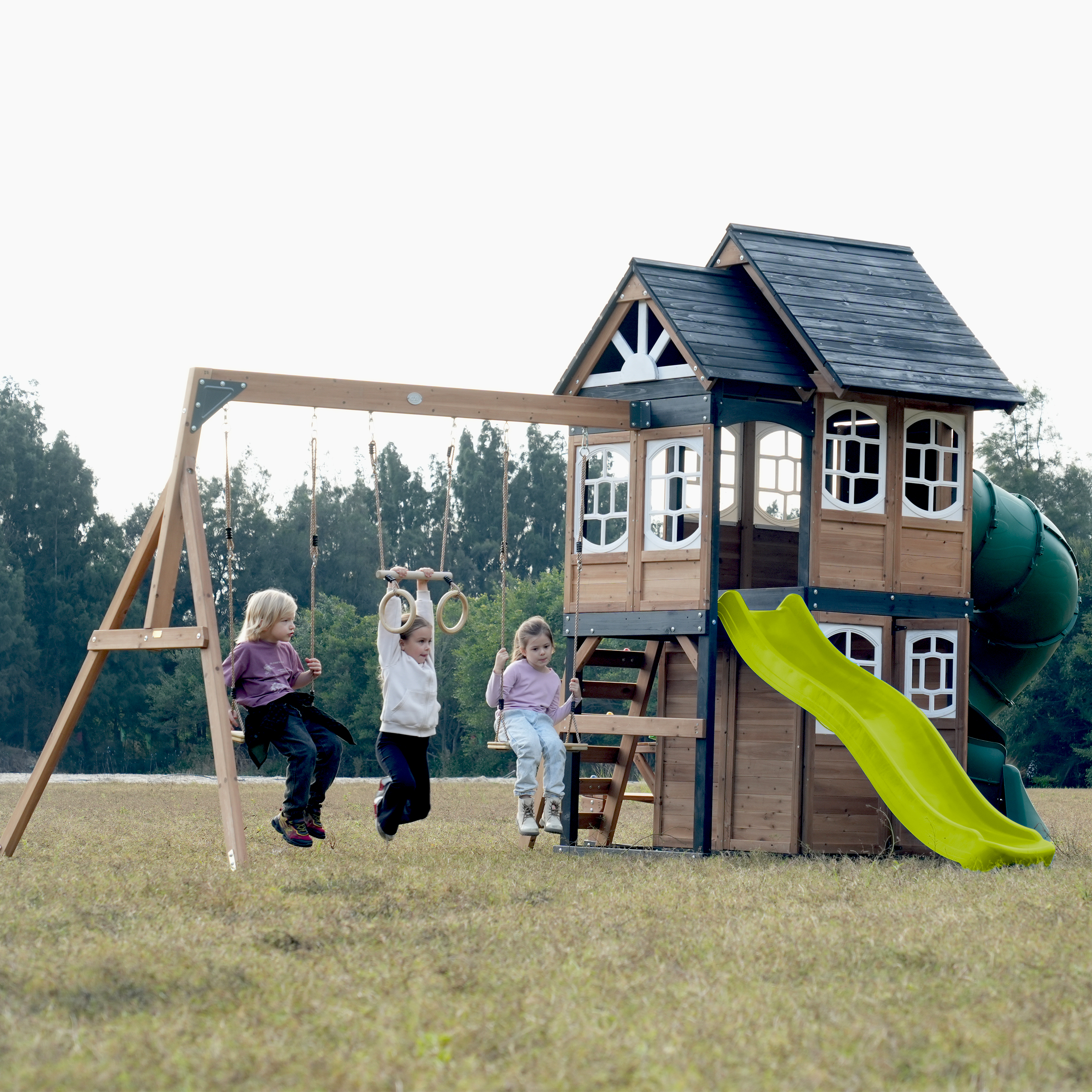 AXI Noud Climbing Frame with Playhouse, Swings, Trapeze and Climbing Wall – Lime Green Slide and Tube Slide