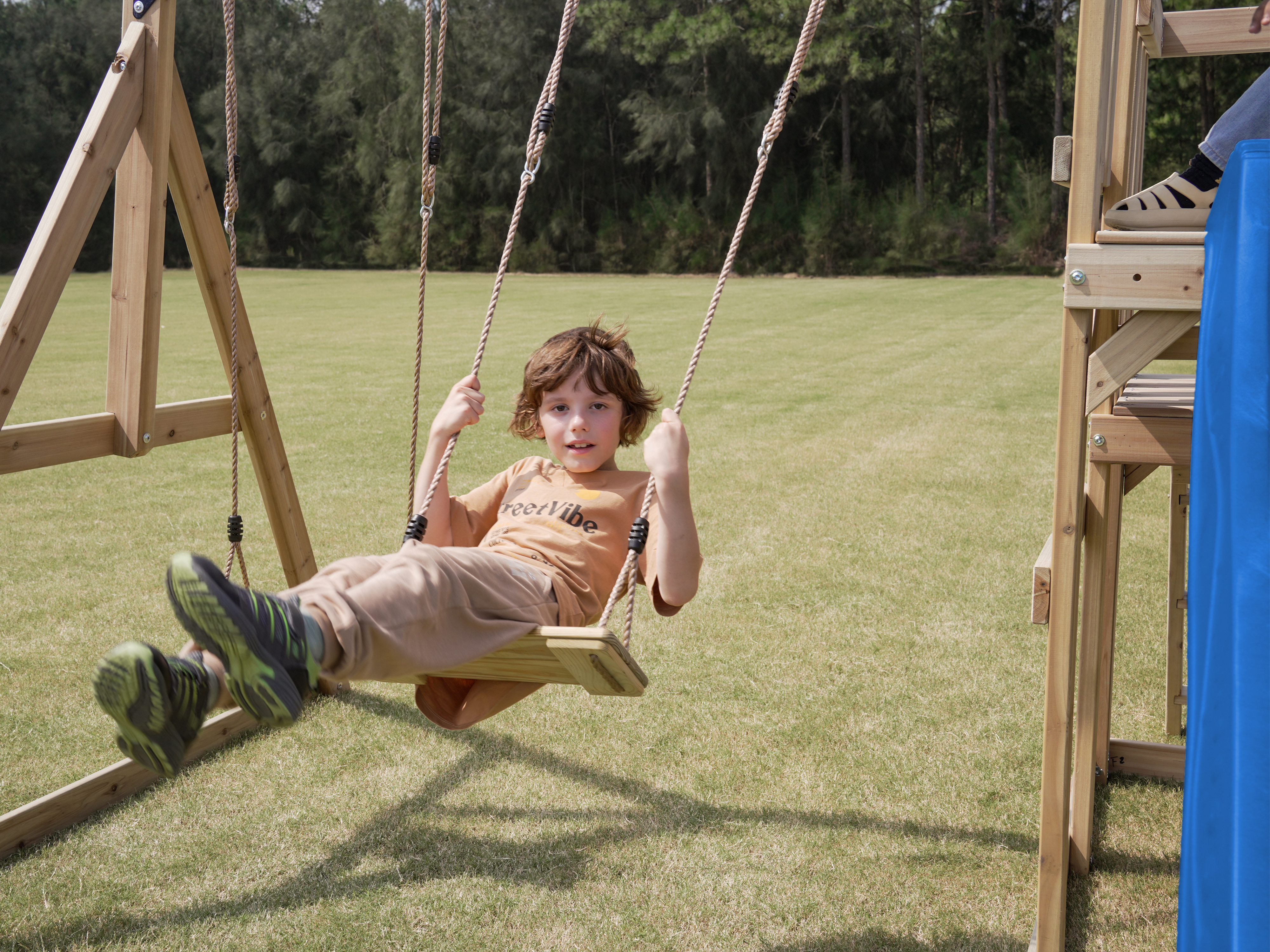 AXI Mette Climbing Frame with Double Swing Set and Picnic Table - Pastel Green Slide