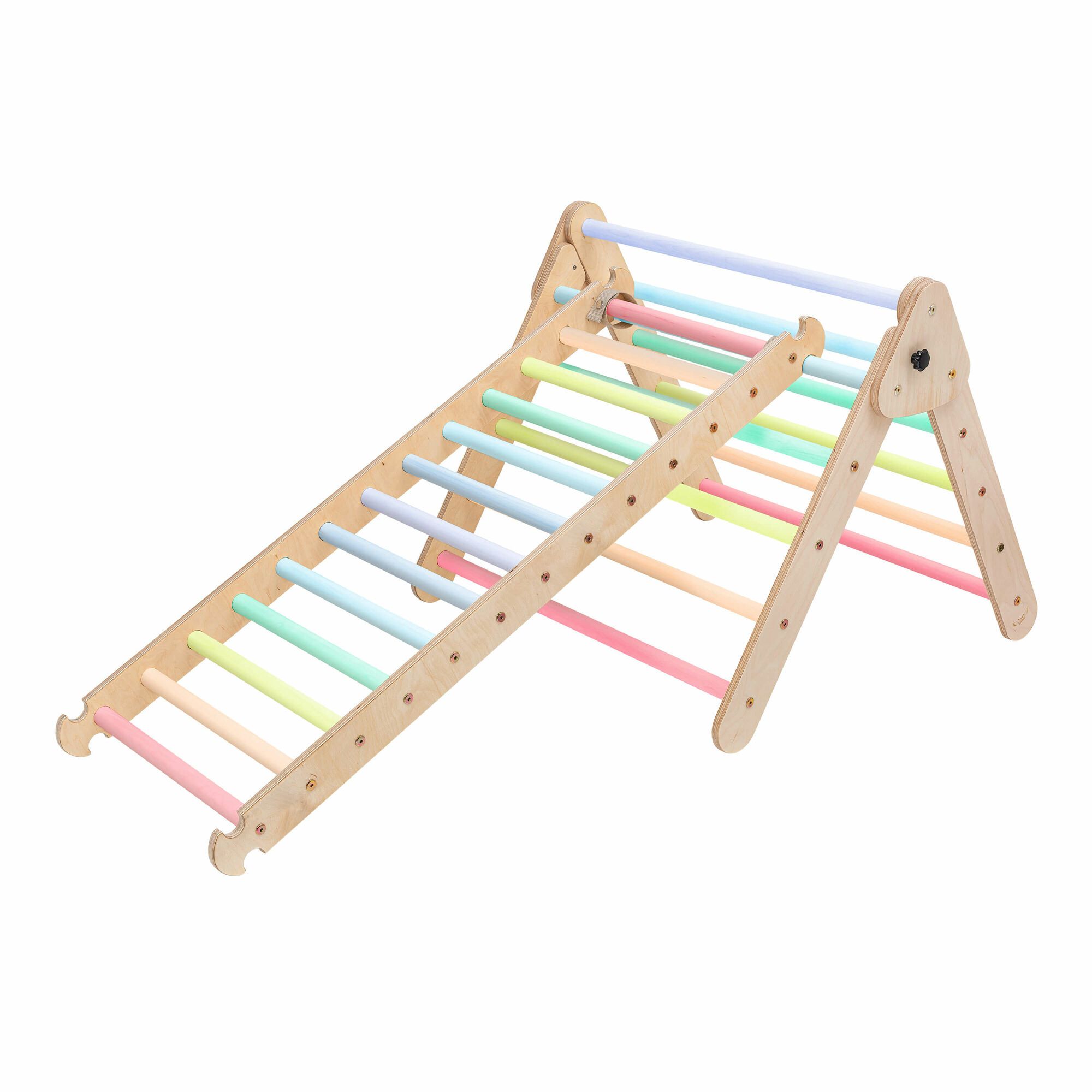 KateHaa Wooden Climbing Triangle with Ladder and Climbing Wall - Pastel