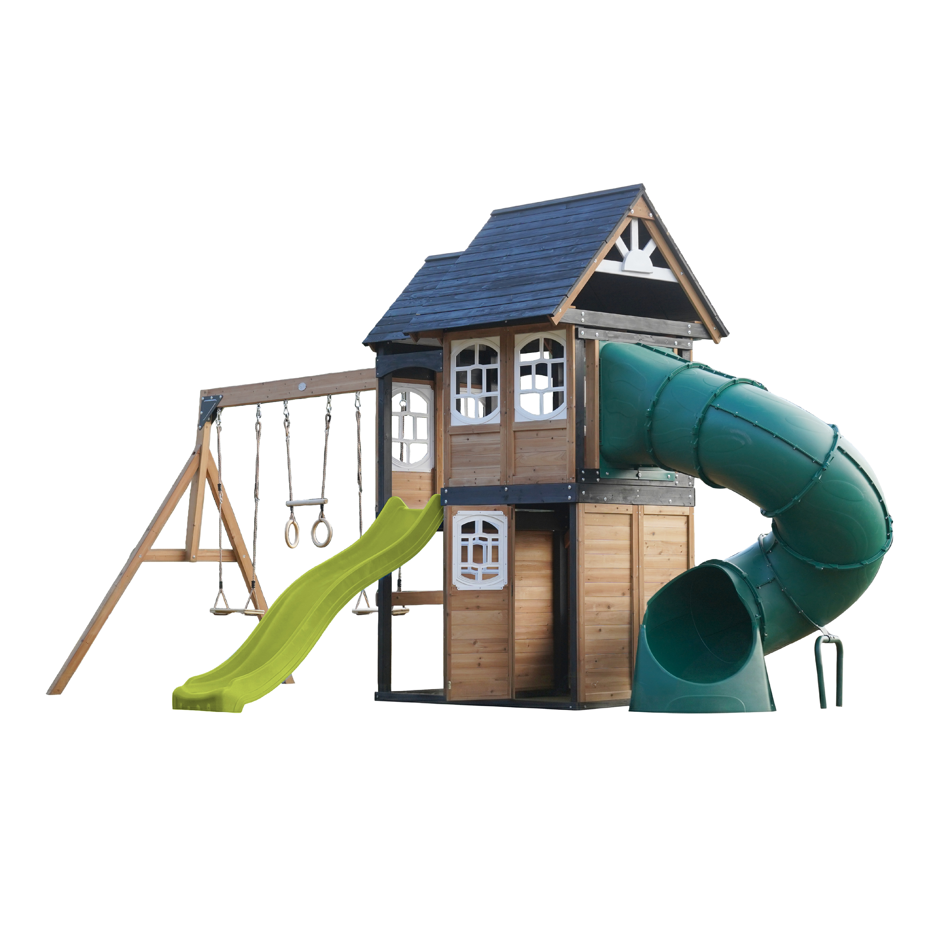AXI Noud Climbing Frame with Playhouse, Swings, Trapeze and Climbing Wall – Lime Green Slide and Tube Slide