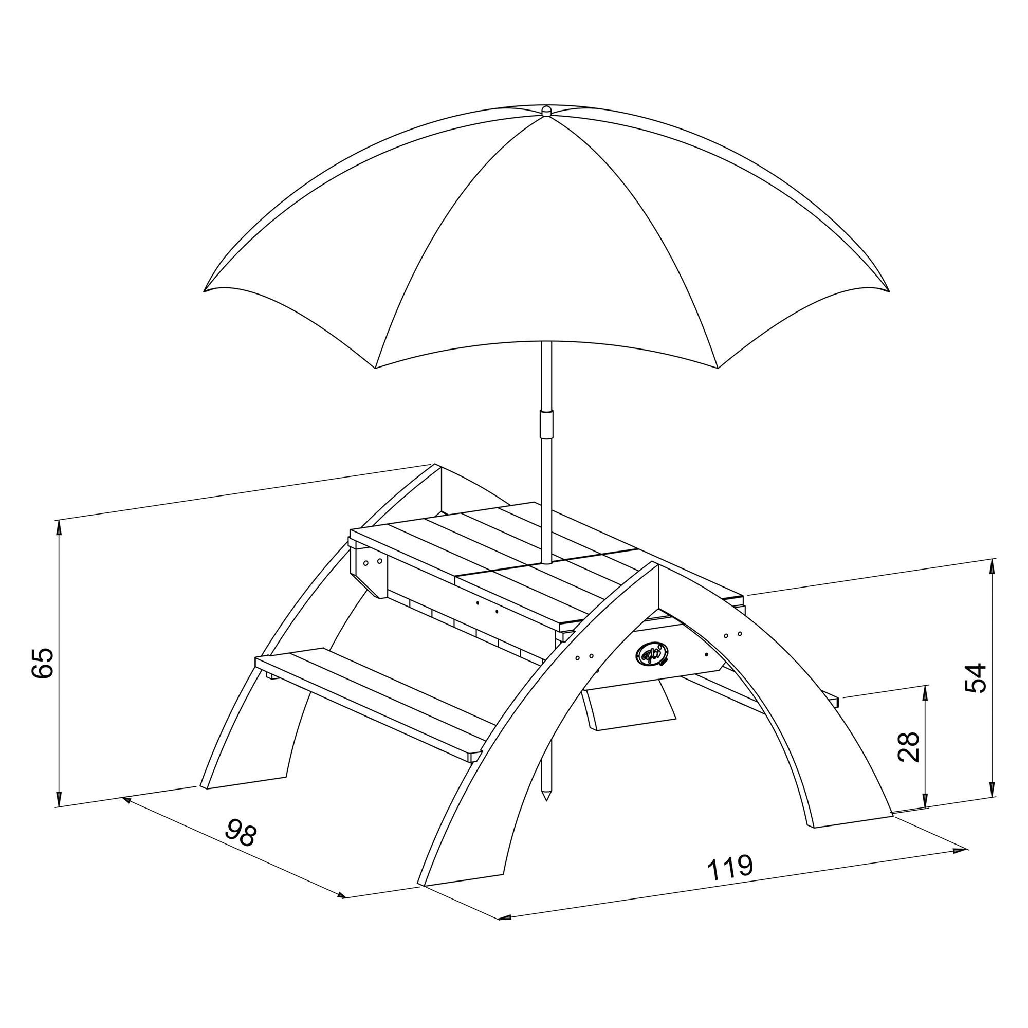 maattekening AXI Delta Zand & Water Picknicktafel Grijs/wit - Parasol Blauw